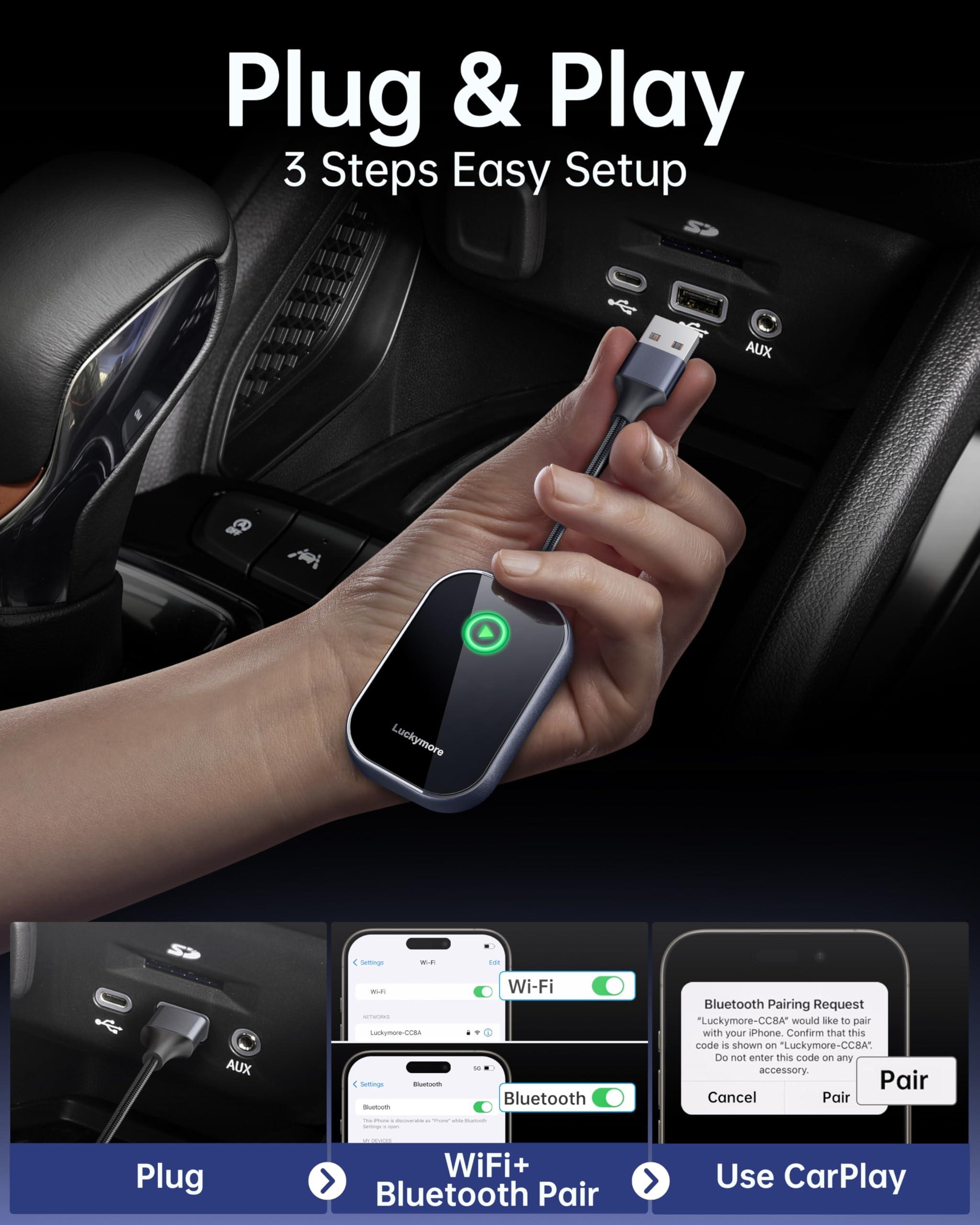Luckymore Luckymore Wireless Carplay Adapter, Converts Wired to Wireless Carplay Dongle for Plug & Play Carplay Fit for Cars from 2017 & for Apple iPhone iOS 10+
