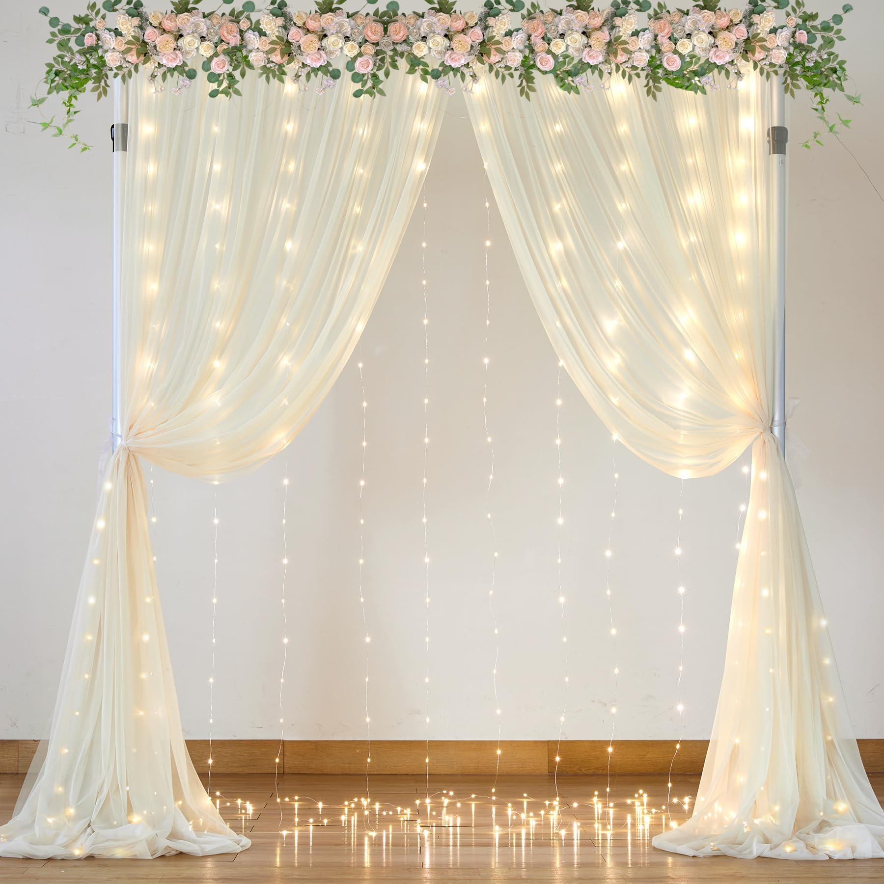 Suppromo Ivory Tulle Backdrop Curtains with Lights String for Parites Wedding 1010ft Sheer Backdrop Curtains for Baby Shower Birthday Party Photo Shoot Background Decorations
