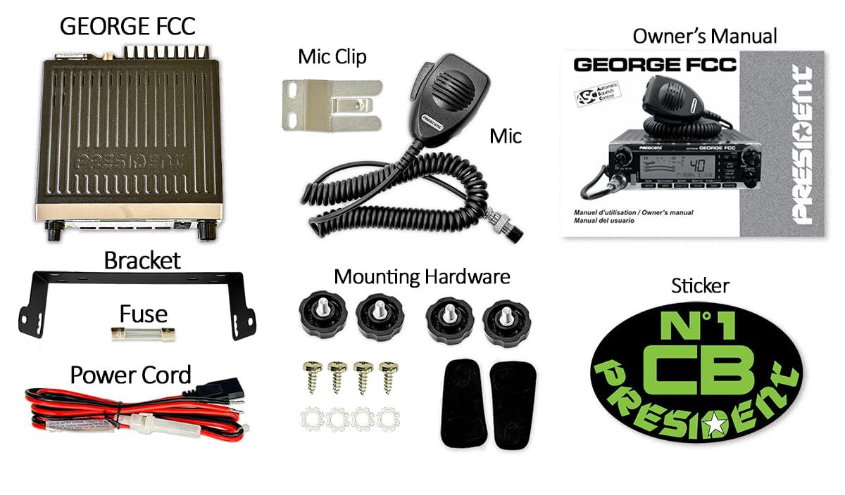 President President George FCC AM/FM/SSB CB Radio, CTCSS/DCS, Large 7 Color LCD Display, Weather Channel/Alert, ASC, VOX, Scan Skip, USB Port, NRC, Automatic SWR, PA, SWR and Voltage Protection