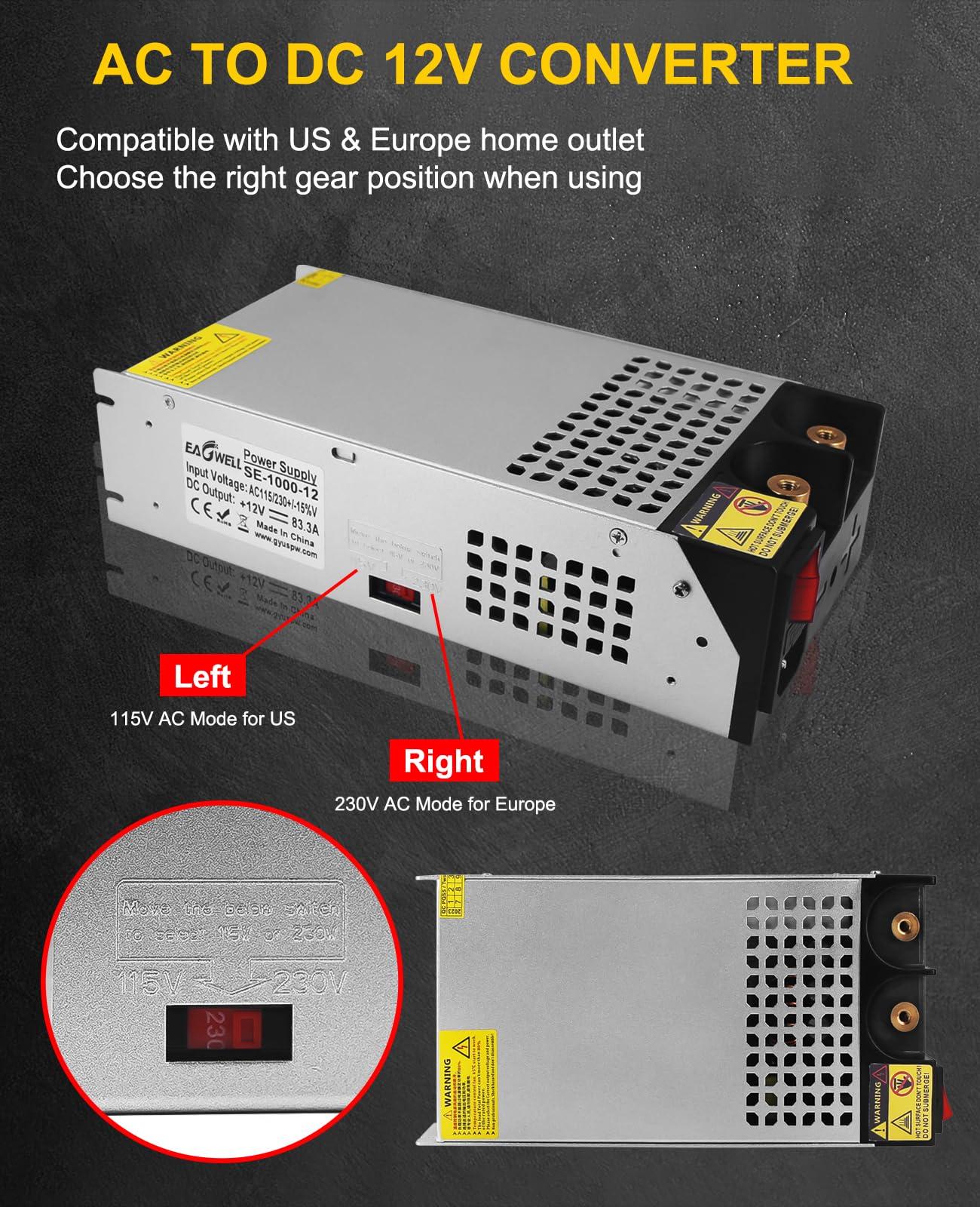 EAGWELL AC to DC Converter 12V Power Supply 1000W, Universal SMPS 120V AC to 12V DC Converter Switching Power Supply 12V Transformer Driver Adapter for RV,Pump,LED Strip, LCD Monitor