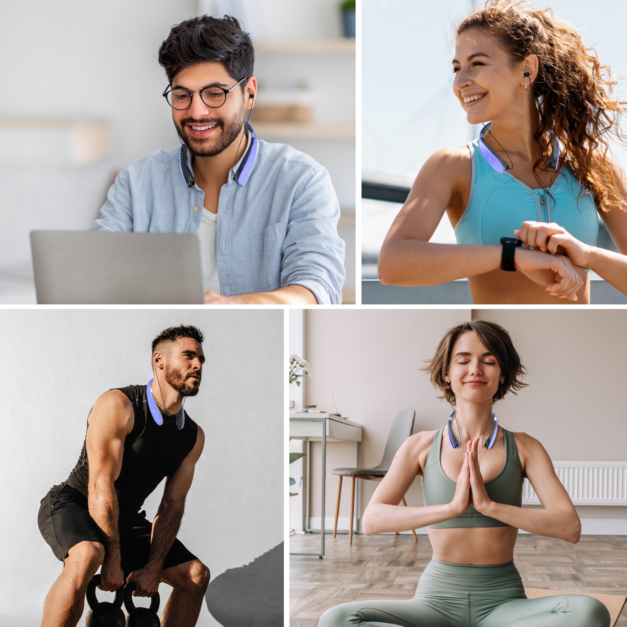 AMORNO AMORNO Foldable Bluetooth Headphones Wireless Neckband Headset with Retractable Earbuds, Sports Sweatproof Noise Cancelling Stereo Earphones with Mic