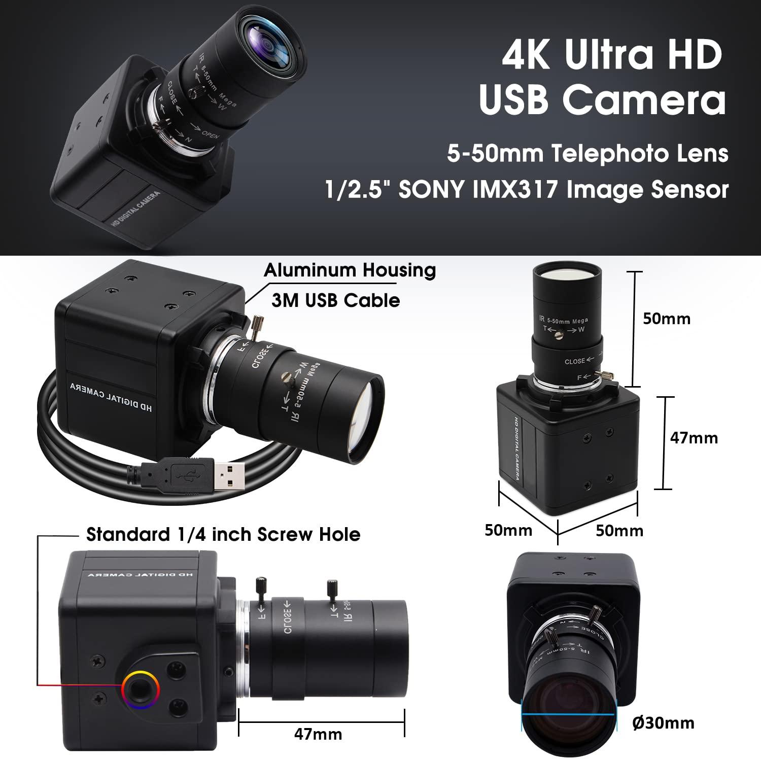 SVPRO SVPRO 4K Ultra HD Webcam USB Digital Industrial Camera with CS Mount 5-50mm Telephoto Zoom Manual Lens UVC Free Drive,10X Optical Zoom Video Camera with Sony IMX317 Sensor