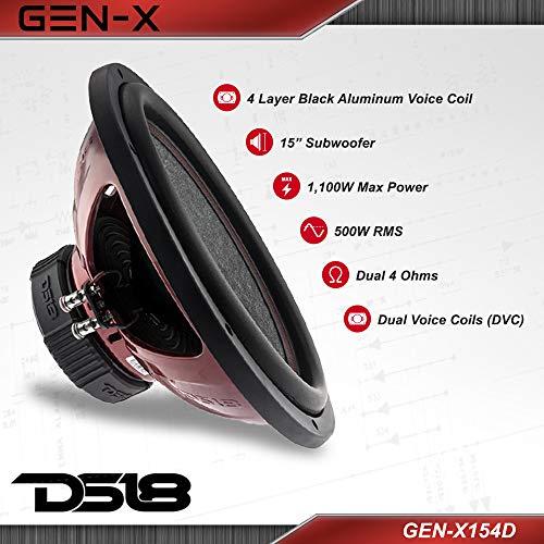 DS18 DS18 GEN-X154D Subwoofer in Black - 4 Layer Black Aluminum Voice Coil, 15", 1,100W Max Power, 500W RMS, Dual 4 Ohms, DVC - Powerful Car Audio Bass Speaker (1 Speaker)