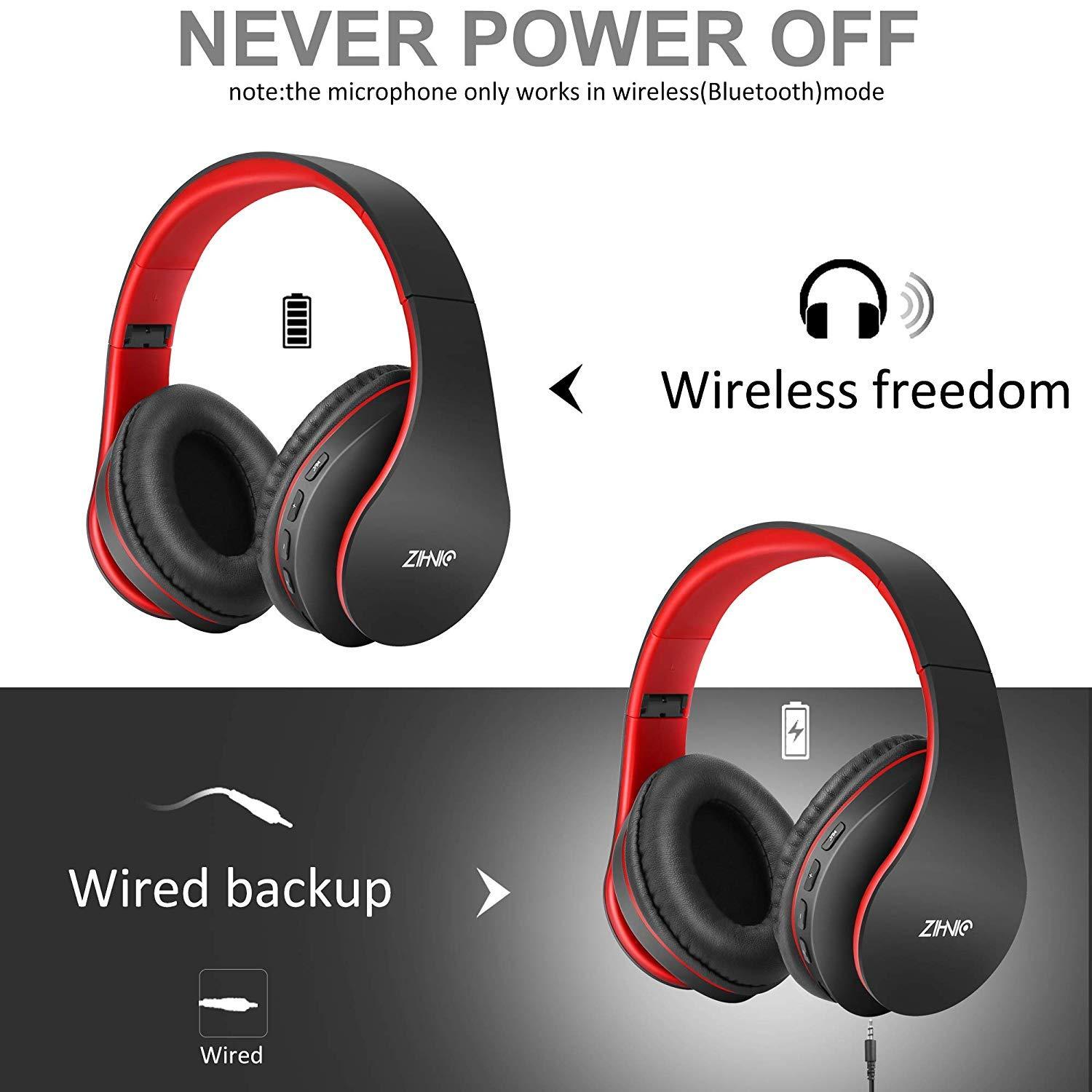 ZIHNIC ZIHNIC Bluetooth Headphones Over-Ear, Foldable Wireless and Wired Stereo Headset Micro SD/TF, FM for Cell Phone,PC,Soft Earmuffs &Light Weight for Prolonged Wearing (Black/red)