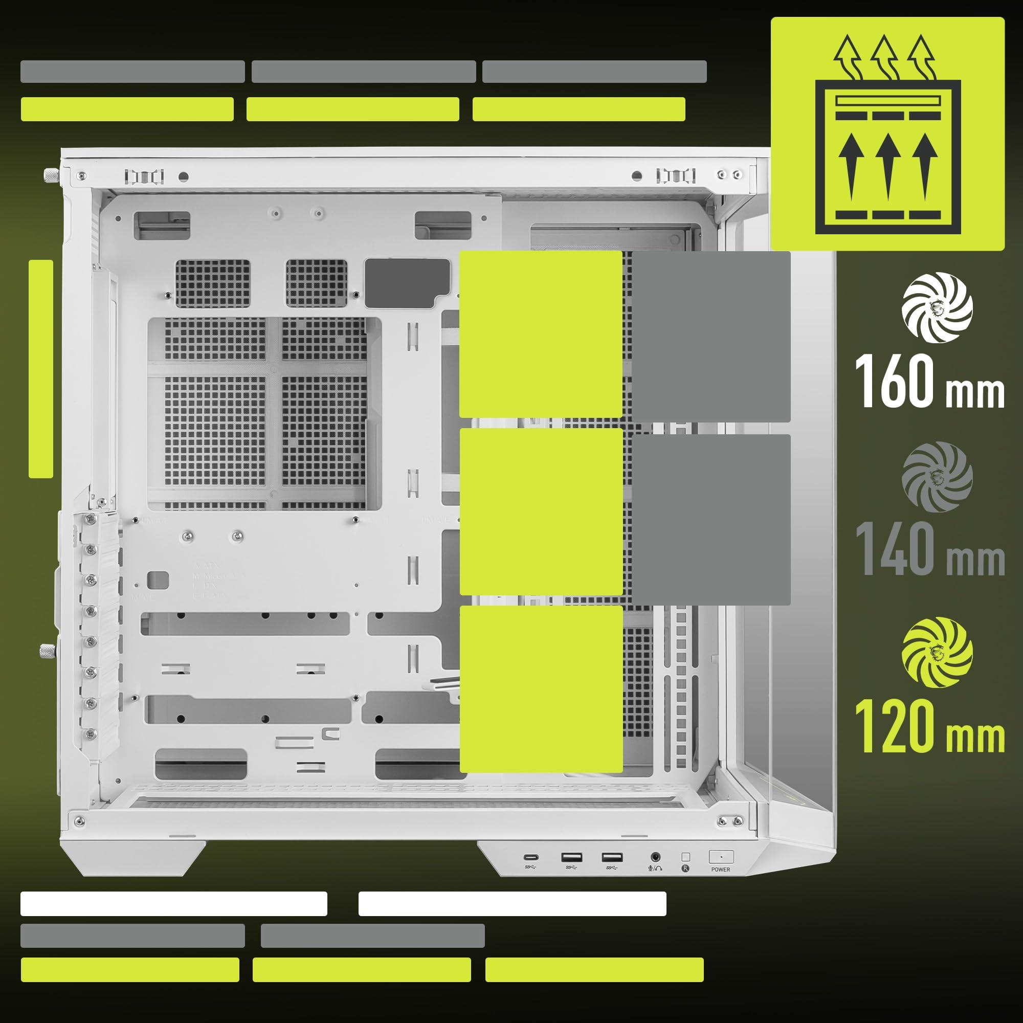 MSI MSI MAG PANO 100L PZ White - Premium Mid-Tower Gaming PC Case - Tempered Glass Side Panel - Liquid Cooling Support up to 360mm Radiator - White Color Case