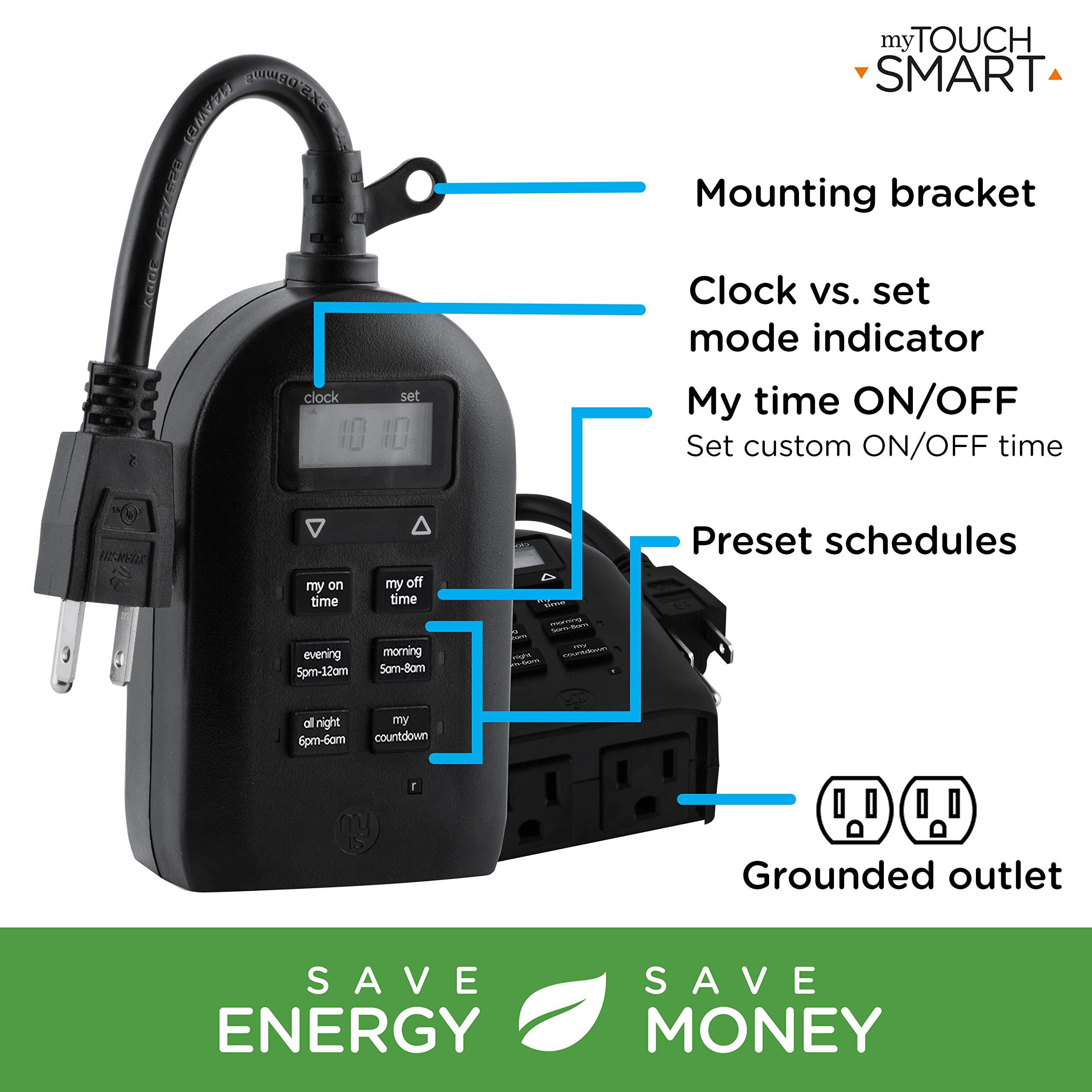 myTouchSmart myTouchSmart Outlet Timer, Dual Plug-in Digital Timer Outlet, Simple Programmable Outlet Timer, Indoor/Oudoor Countdown Timer, Weather Resistant, Seasonal Light Timer, Black, 1 Pack, 26898-P2