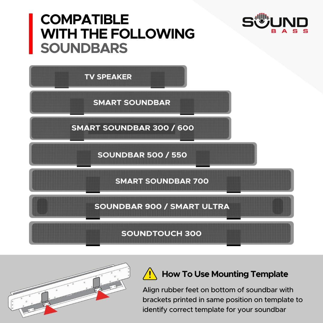 Sound Bass Universal Under TV Mount, Black, Compatible with Bose Smart Soundbar 300/500/550/600/700/900/Ultra, TV Speaker, Soundtouch 300 - Invisible Once Fitted, Fast & Easy Way to Mount Your Sound Bar