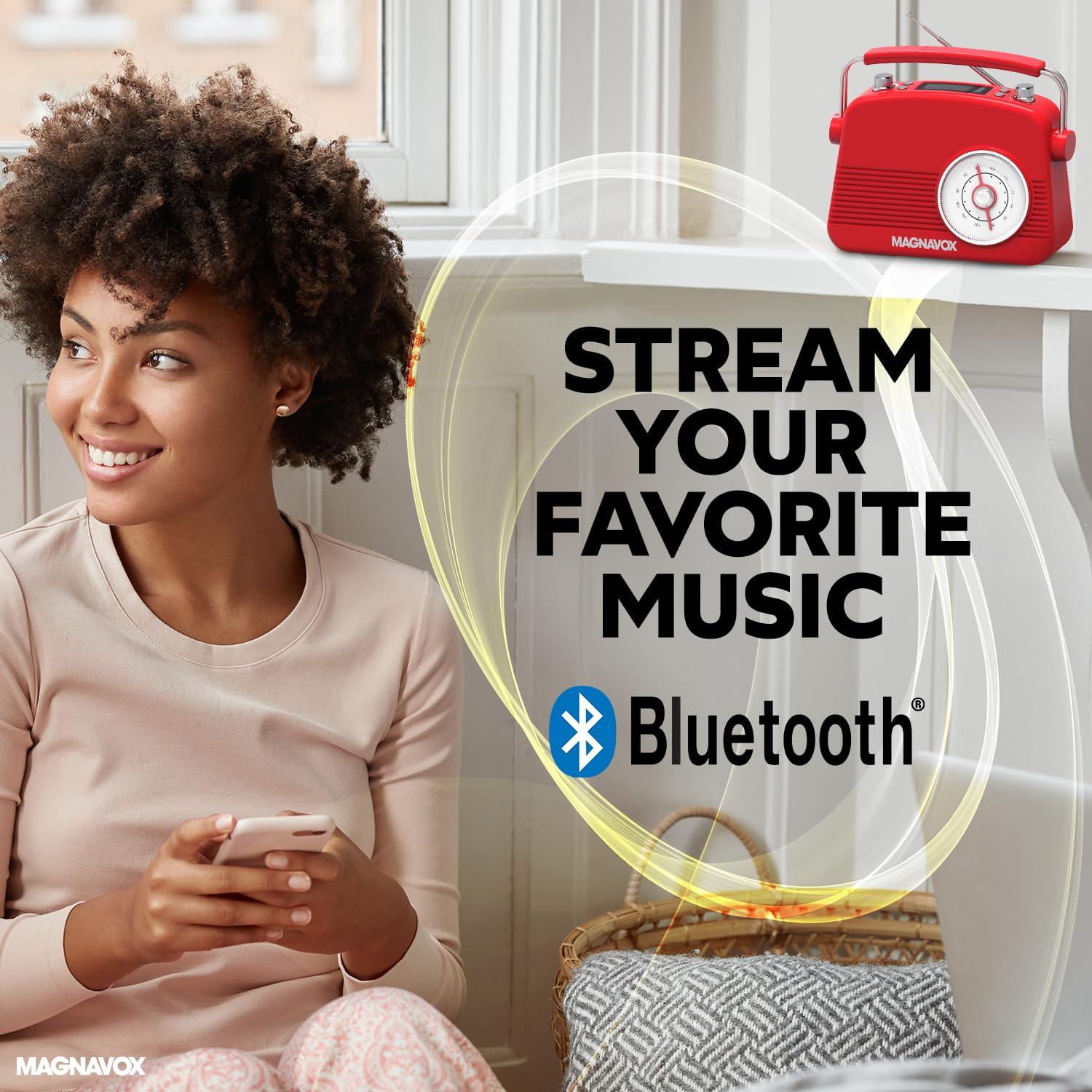 Magnavox Magnavox Retro Dual Alarm Clock FM Radio - Bluetooth Wireless Technology, LCD Display, Snooze & Sleep Timer - Ideal for Home, Bedroom & Office (Red)