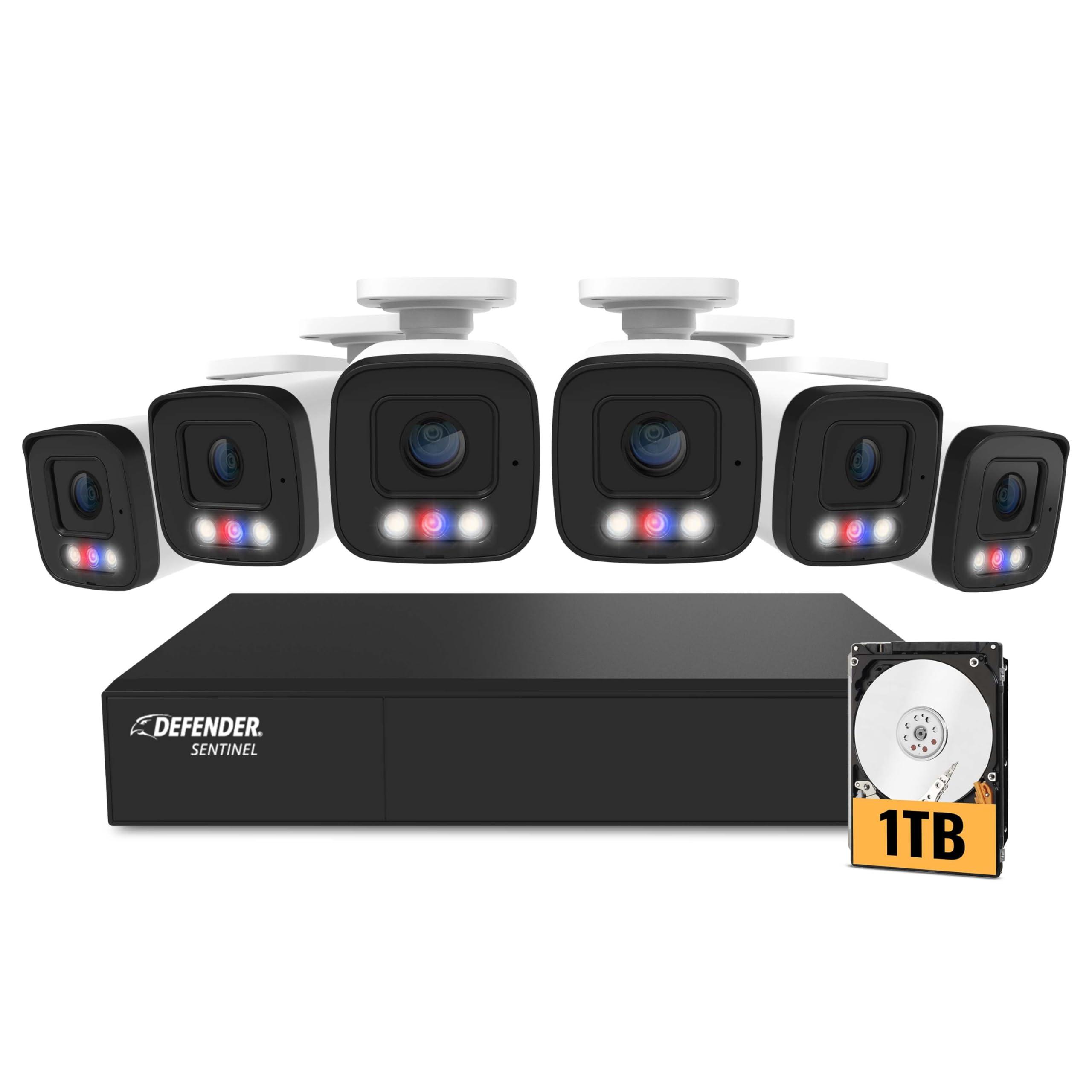 Defender Defender AI Powered Sentinel 4K Wired PoE Security Camera System with 1TB 8Ch NVR, 6 Outdoor Surveillance Metal 8MP/4K Cameras, Smart AI Human Detection, Blue-Red Flashing Deterrence, Mobile App