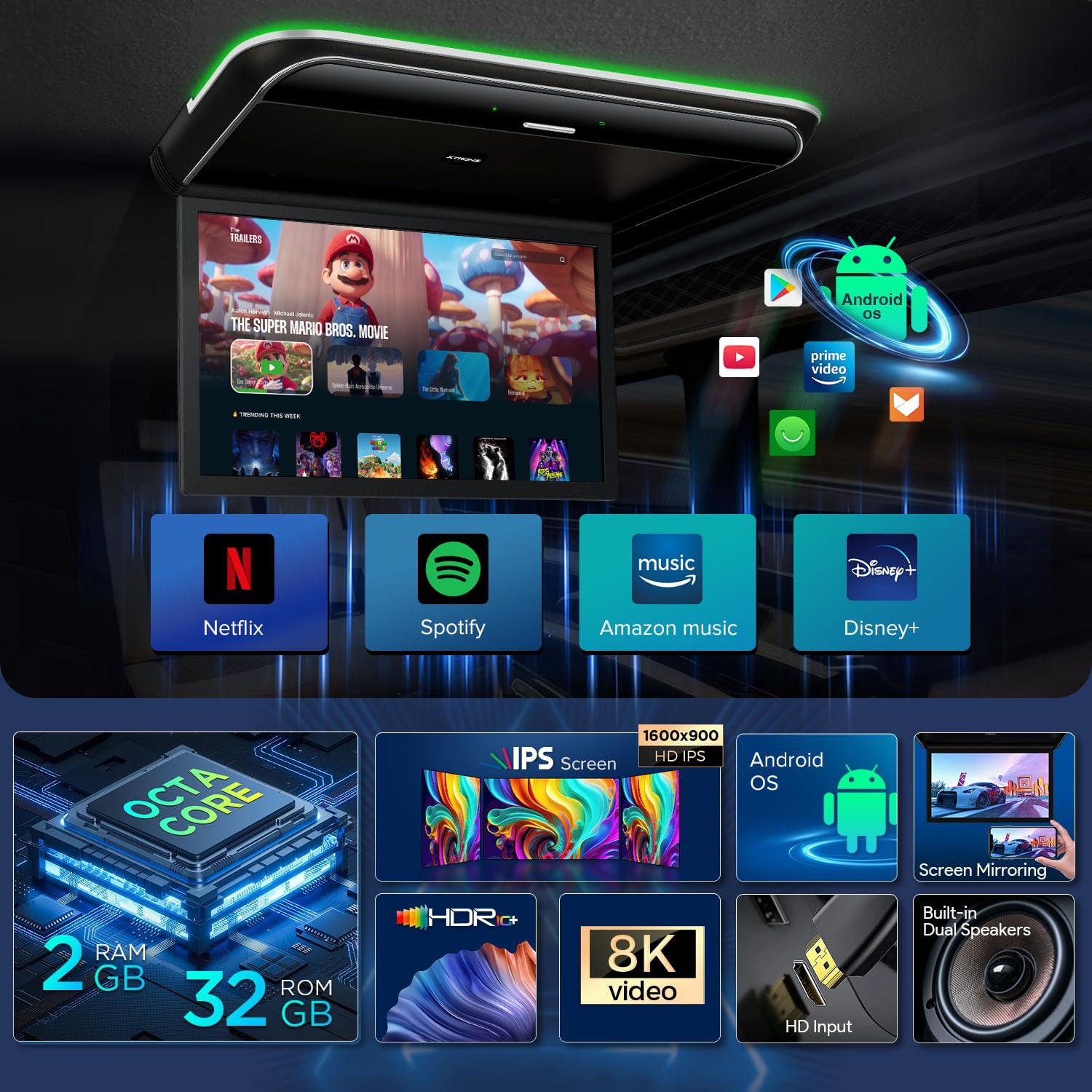 XTRONS XTRONS Android Car Overhead Player 19.5 Inch Wide IPS Screen 8K Video Car Roof Mount Monitor with Built-in Stereo Speakers Flip Down Overhead Car Monitor Support WiFi, HDMI Input, USB, RCA Input