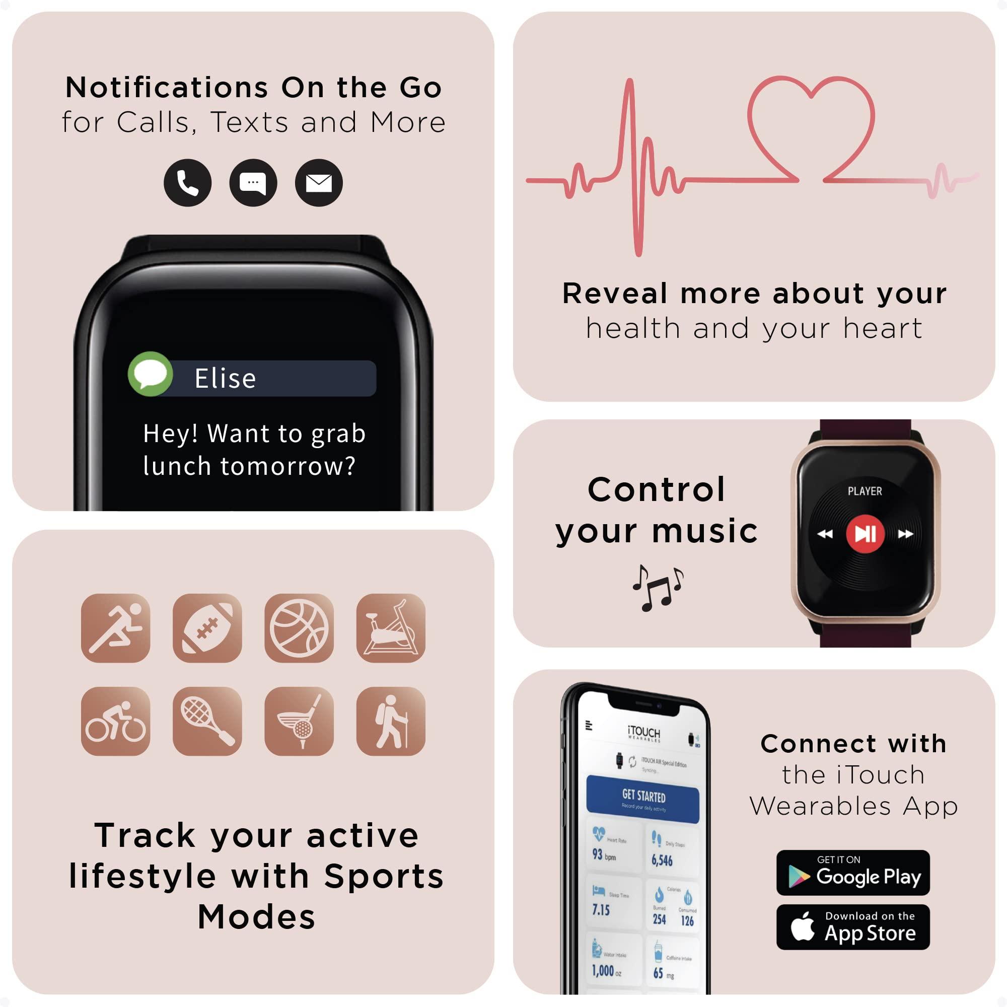 iTouch iTouch Kendall + Kylie Smartwatch iPhone and Android Compatible, Pedometer, Walking and Running Tracker for Women and Men (Rose Gold Case and Merlot/Blush Interchangeable Straps)