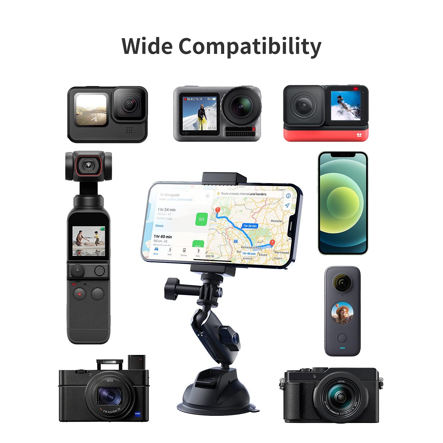 TELESIN TELESIN Aluminum Camera Suction Cup Car Mount with Phone Holder, Outside Inside Windshield Window Dashboard Accessories for GoPro 13 12 11 10 9 8 7 6 5 Insta360 X3 X4 X5 DJI Action 3 4 5pro Pocket 3