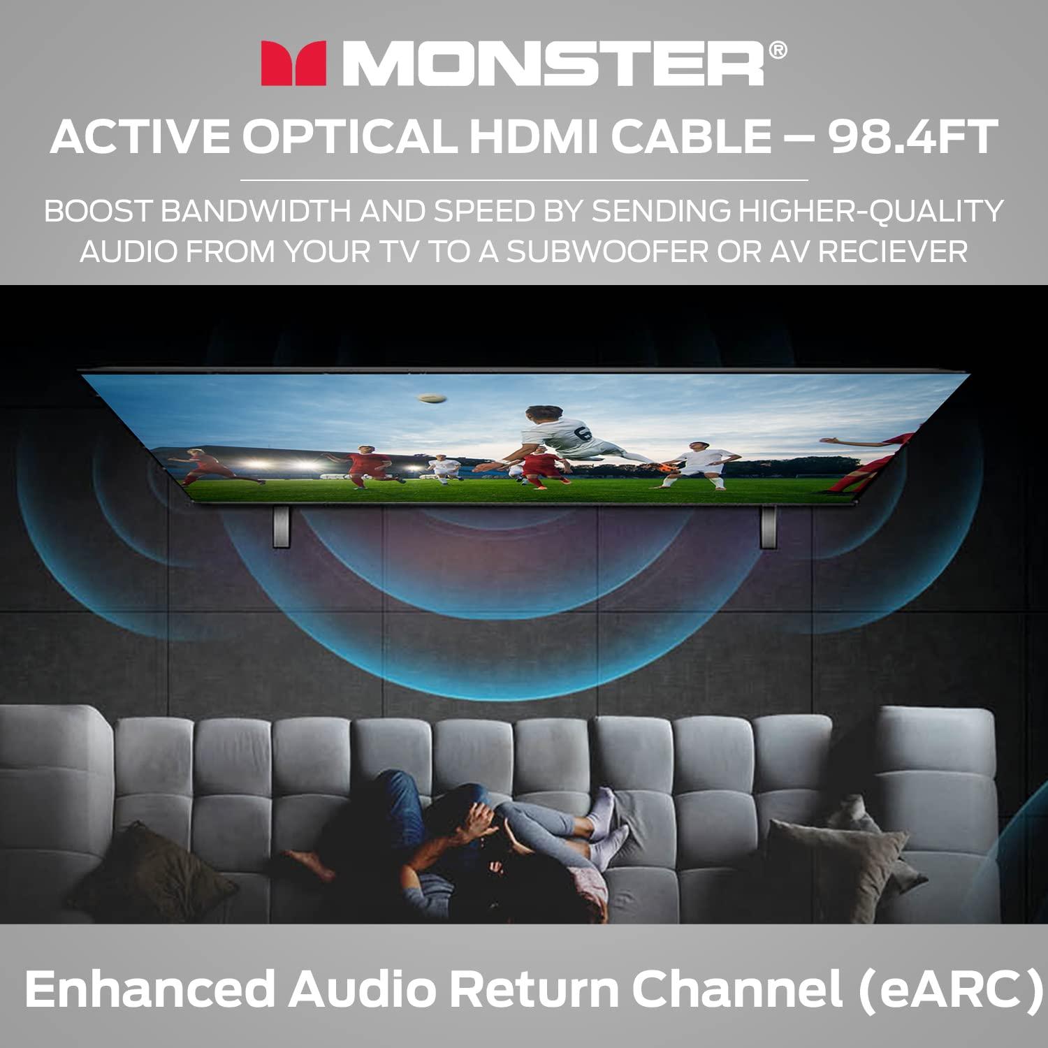 Monster Monster M-Series Active Optical Lightwave Cable Certified Premium HDMI 2.1-48 Gbps Cable with Aluminum Extrusion Connector, V-Grip, Duraflex Protective Jacket - Supports 8K @ 60HZ, 4K @ 120HZ, 98.4 FT