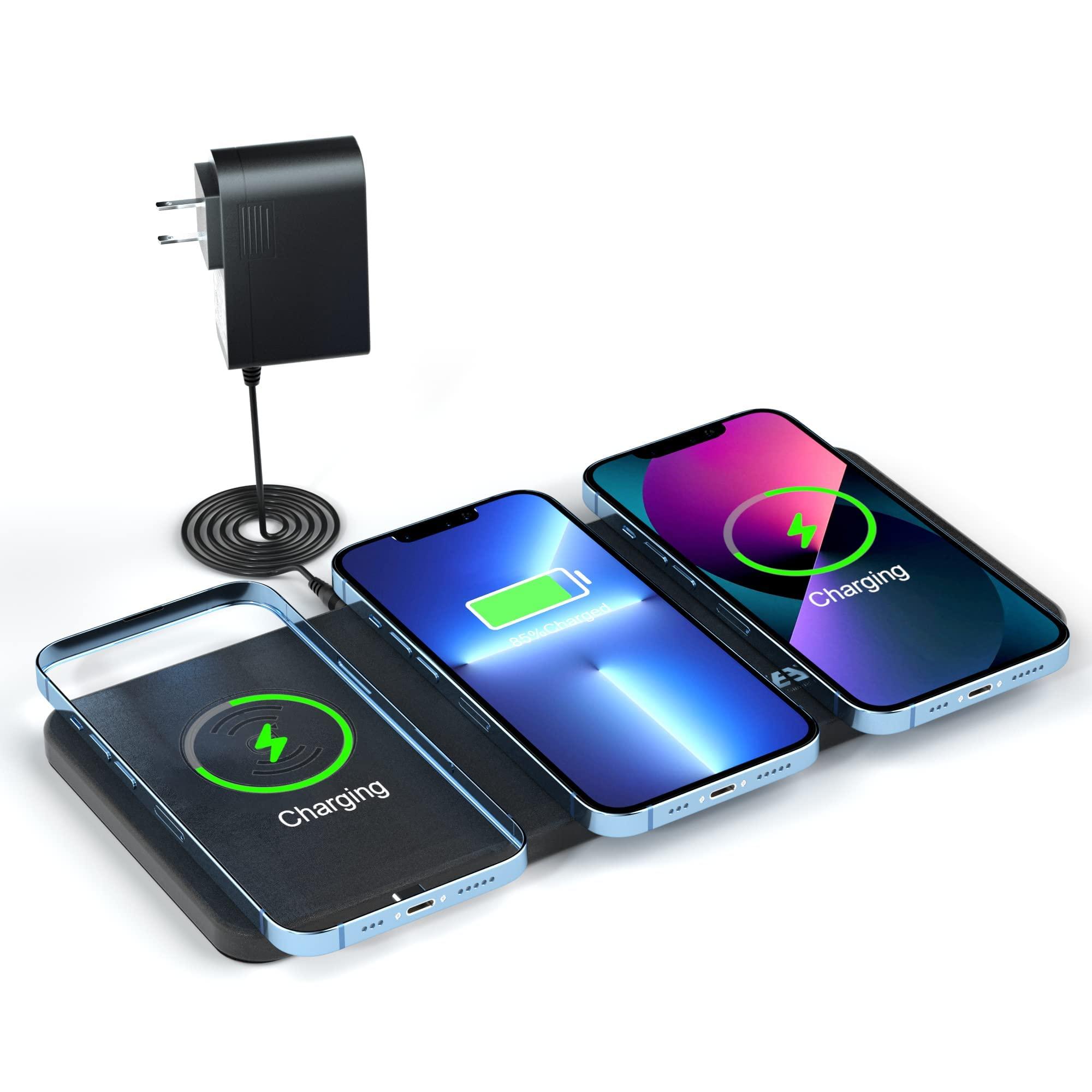 JE Make IT Simple Triple Wireless Charger Pad - 15W Fast Charging Station for Apple iPhone 15/14/13/12 Pro/Max/Plus, AirPods, Qi-Certified 3-in-1 Charging Mat for Multiple Devices One-Step Wireless Charging Solution