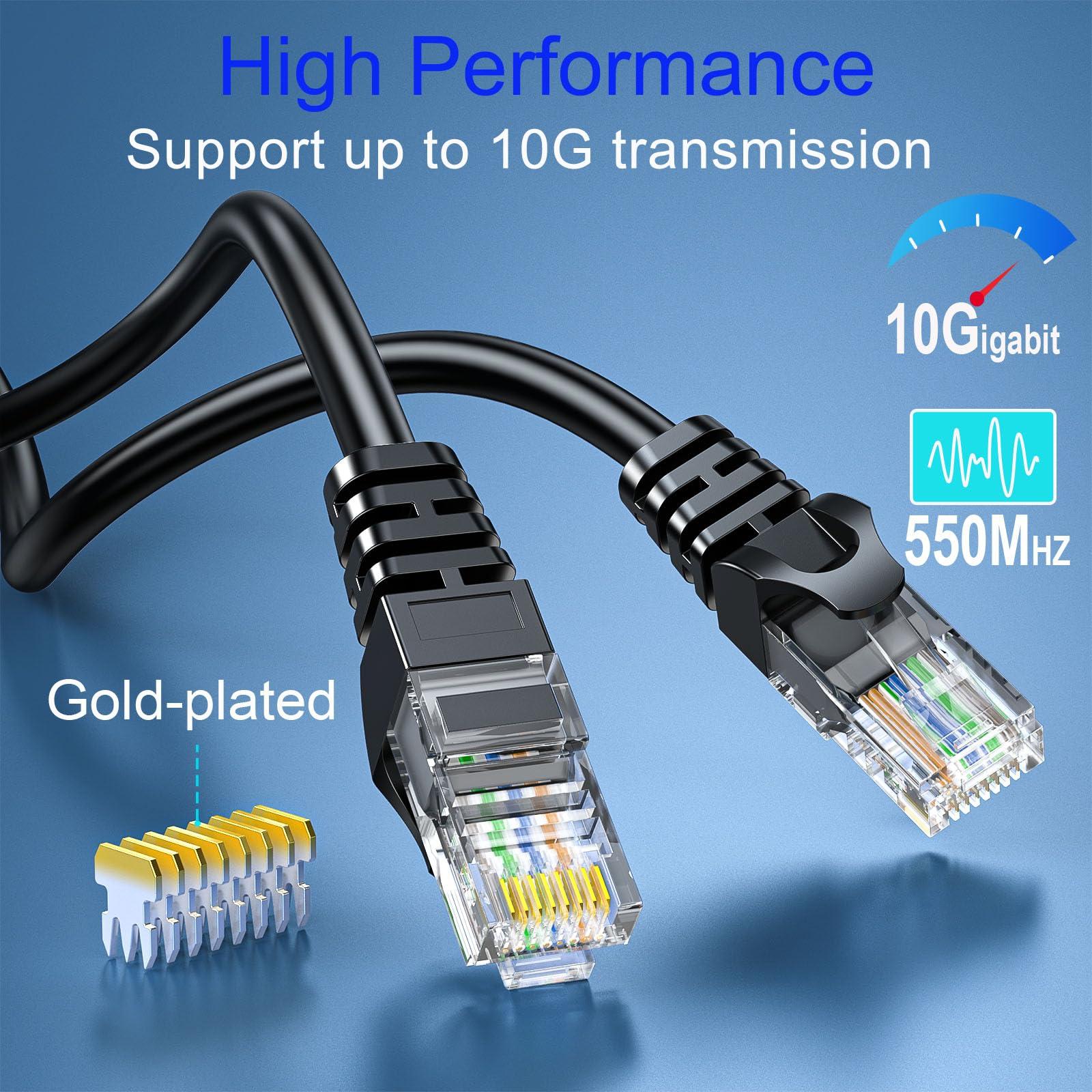 10Gsupxsel Cat 6 Ethernet Cable 10FT 10Pack, Cat6 Ethernet Patch Cable 10Gbps, High-Speed UTP Cat6 Network Cable Pure Copper, Cat 6 Cable for Home and Office Network, Black