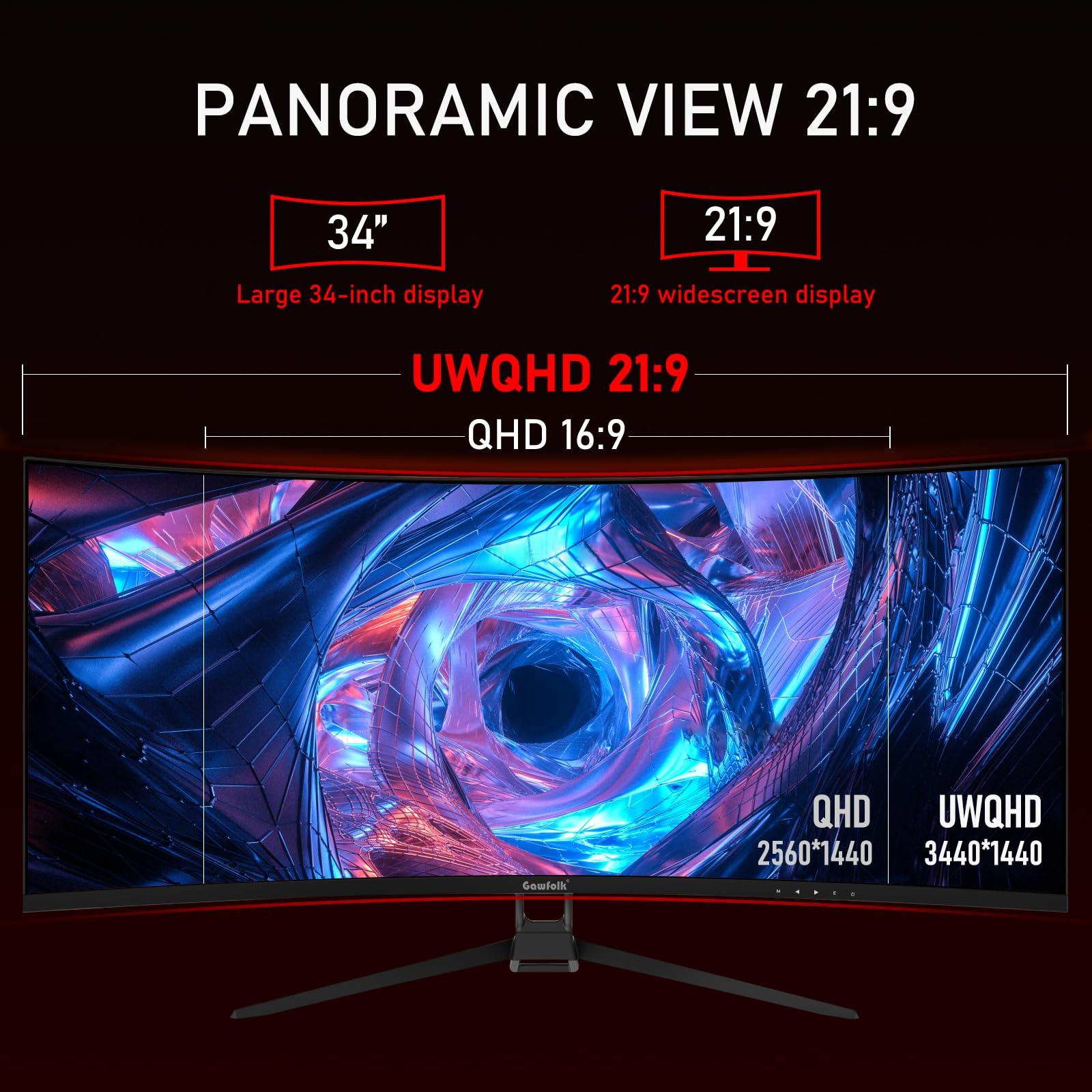 Gawfolk Gawfolk 34 Inch Ultrawide Curved 144Hz Gaming Computer Monitor 1500R PC Screen 21:9 UWQHD (3440x1440),Adaptive Sync,178 Viewing Angle,HDMIDisplay Port,Compatible with Wall mounting - Black