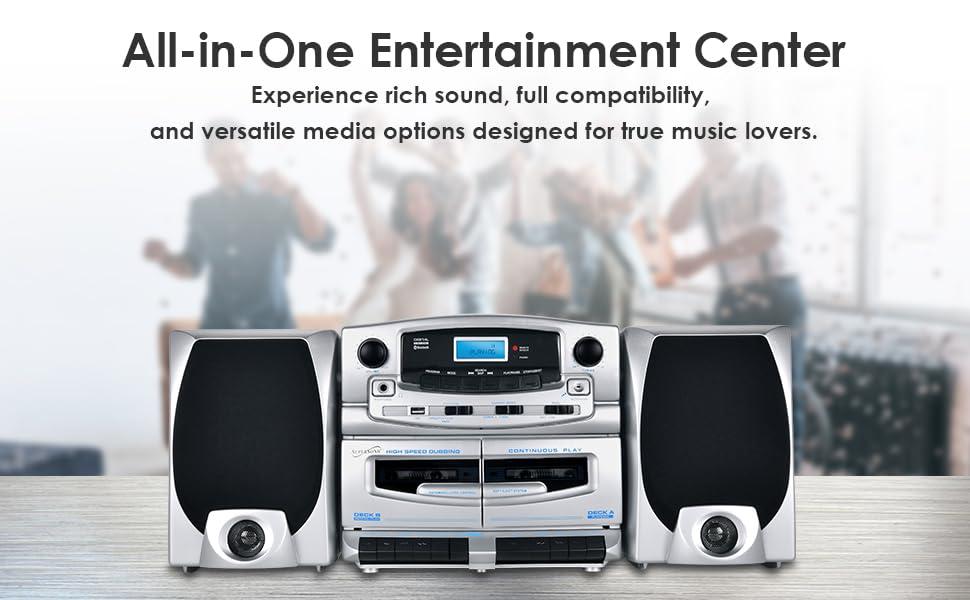 Supersonic Supersonic SC-2121BT Bluetooth Entertainment Audio System, Bluetooth 5.0, op Loading MP3/CD Player, AM/FM Radio, USB Input, Double Cassette Recorder, High-Performance Detachable Speakers, AC/DC