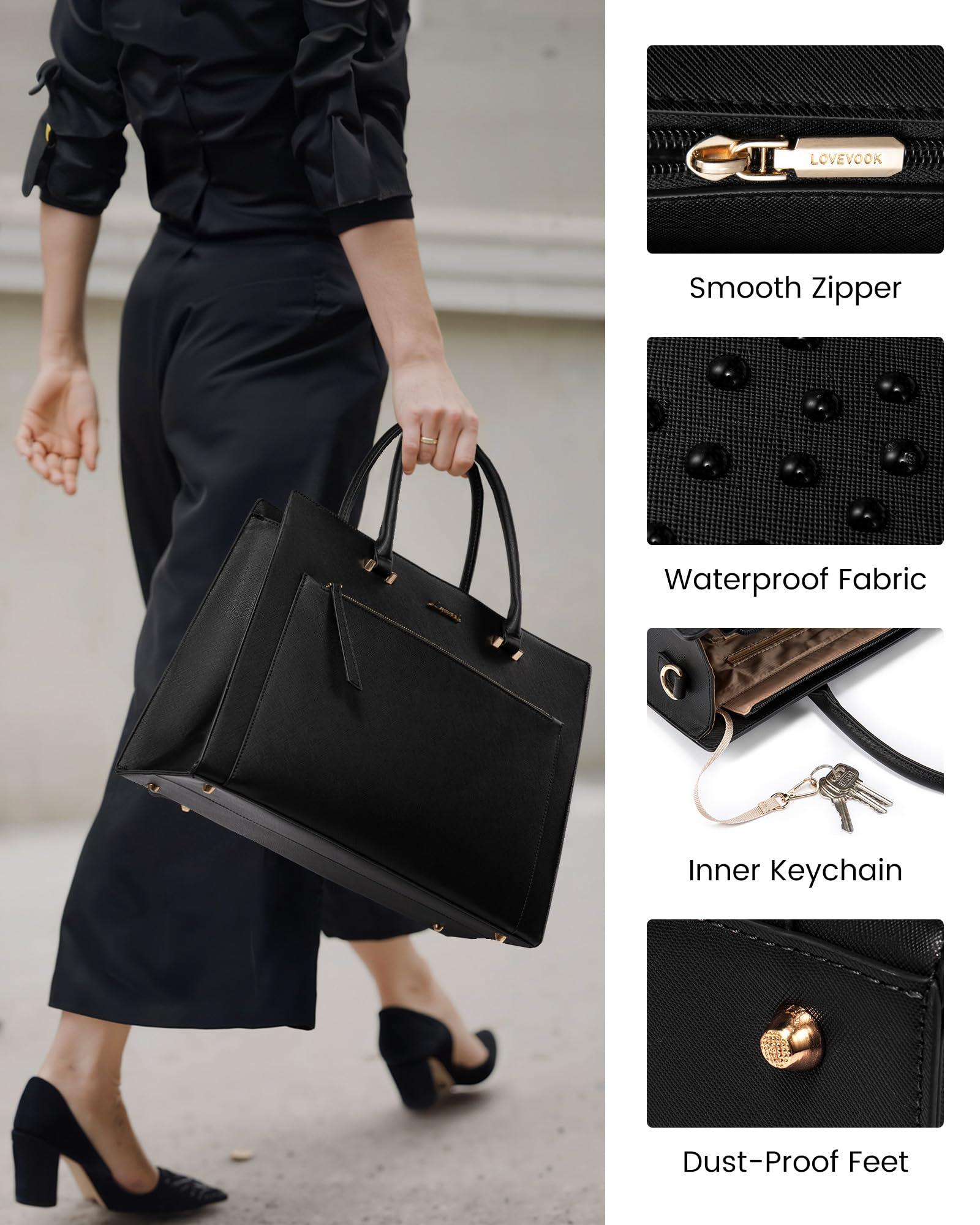 LOVEVOOK LOVEVOOK Laptop Bag for Women 15.6 Inch Black Tote Work Bag Leather Computer Briefcase Waterproof Business Teacher Office Bag Handbag with Small Clutch
