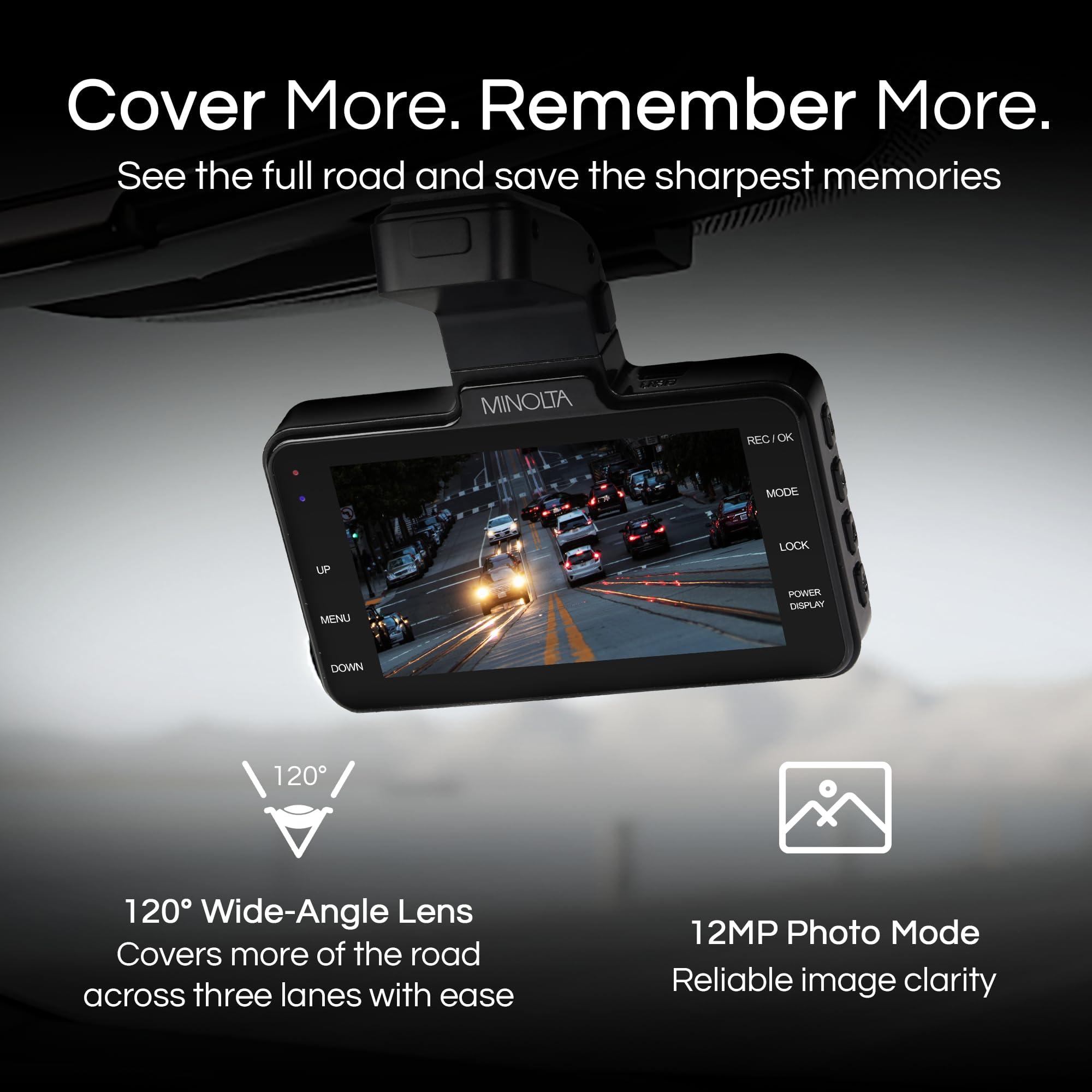 Minolta Minolta 1080p Dash Cam with G-Sensor - 3.0" LCD, 120 Wide-Angle Lens, Loop Recording, Parking Monitor, Emergency Lock, USB Power, Windshield Mount, 16GB Card Included, Compact (Black)