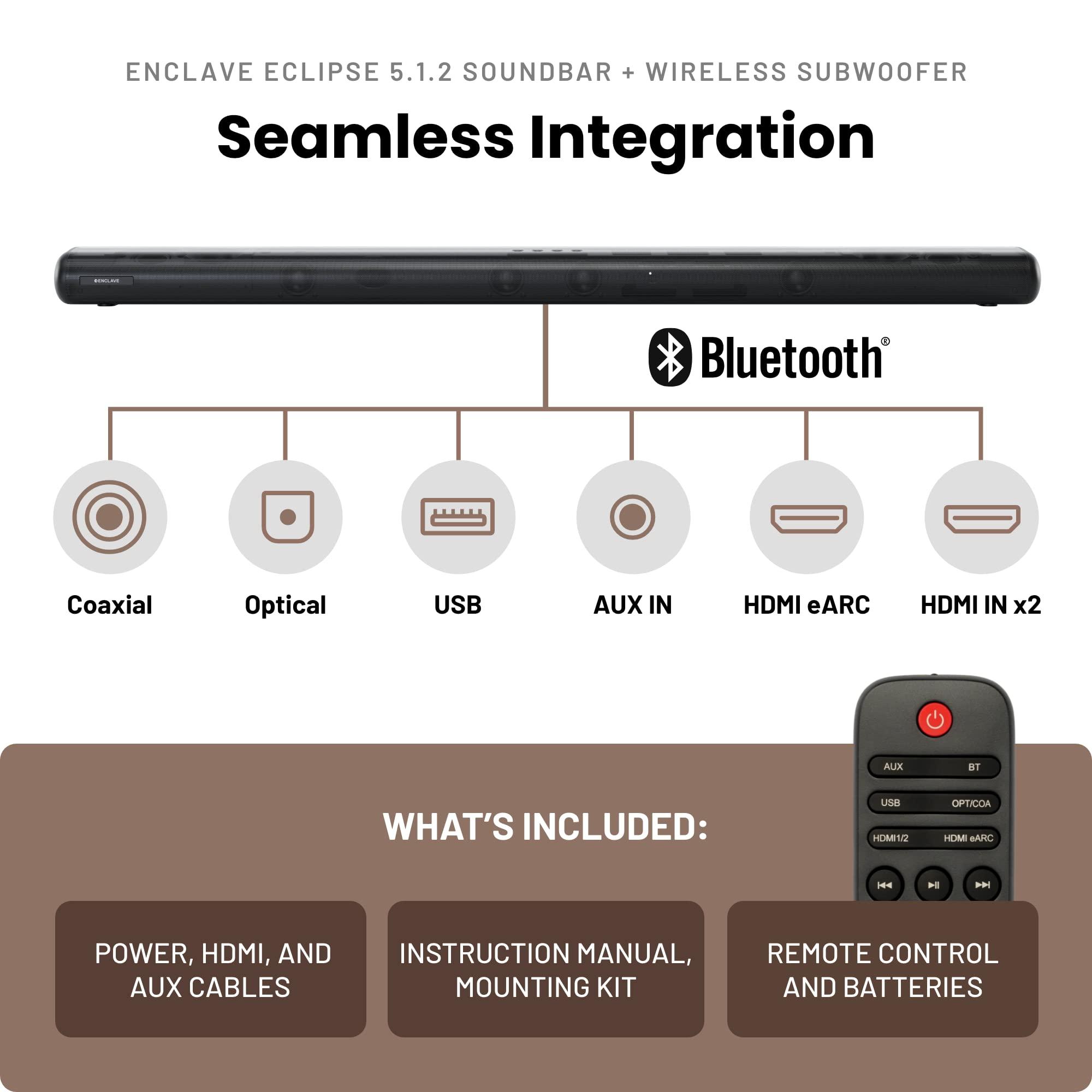 Enclave Audio Enclave Eclipse 5.1.2 Dolby Atmos Soundbar with 8 Wireless Subwoofer - Includes 11 Custom Drivers & 8-Inch Subwoofer for Multidimensional Spatial Sound
