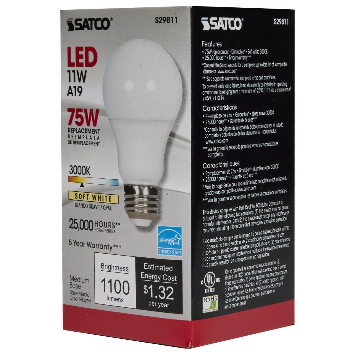 Satco Satco Lighting S29811-11 Watt A19 LED Dimmable Frosted Light Bulbs - 3000K - Medium Base - 1100 Lumens - 220 Degree Beam Angle -120 Volts (6 Pack)