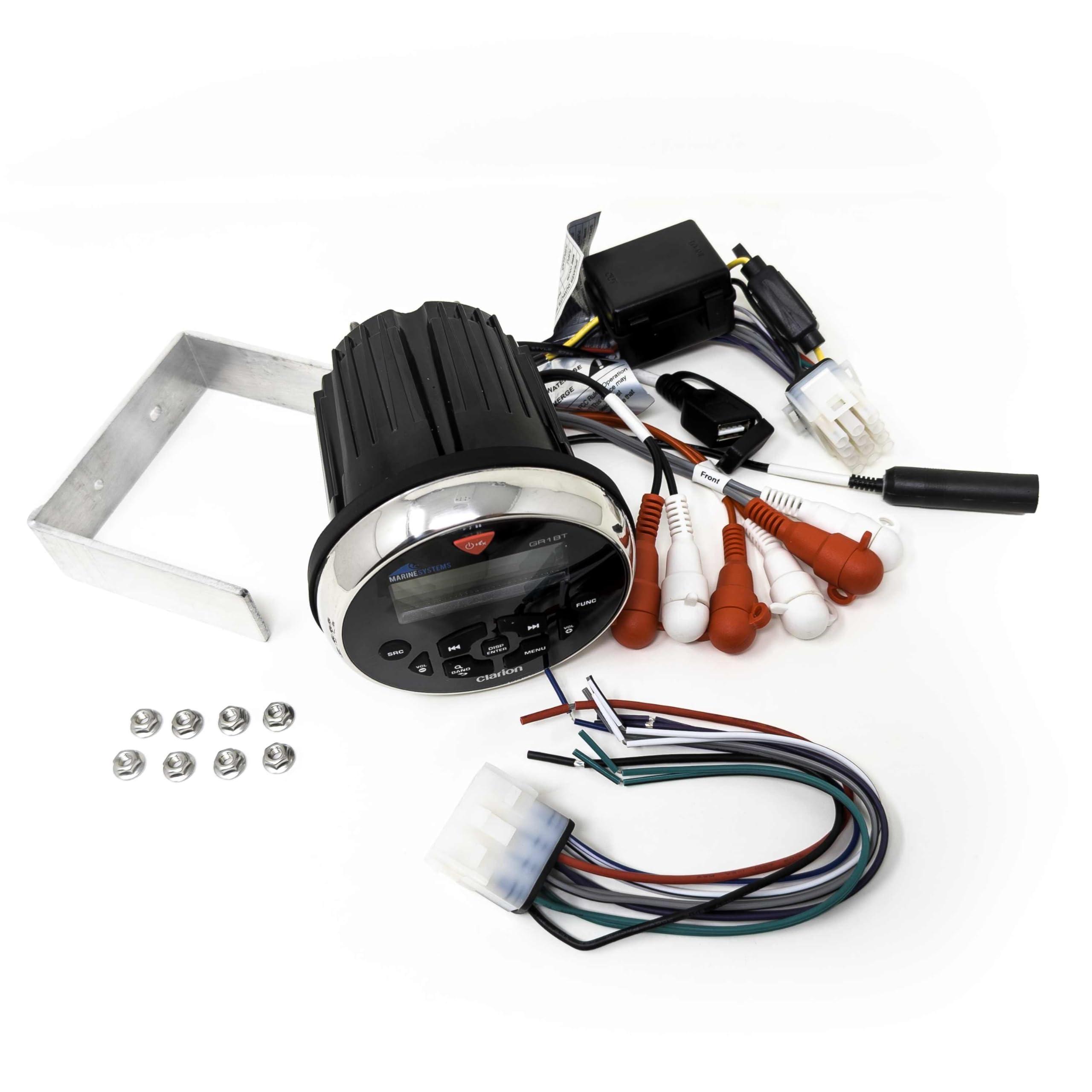 Clarion Clarion GR1BT Marine USB/MP3/WMA/BT Receiver with Stinger SEADASH3B Black Marine Dash Kit and Flush Mount USB/AUX