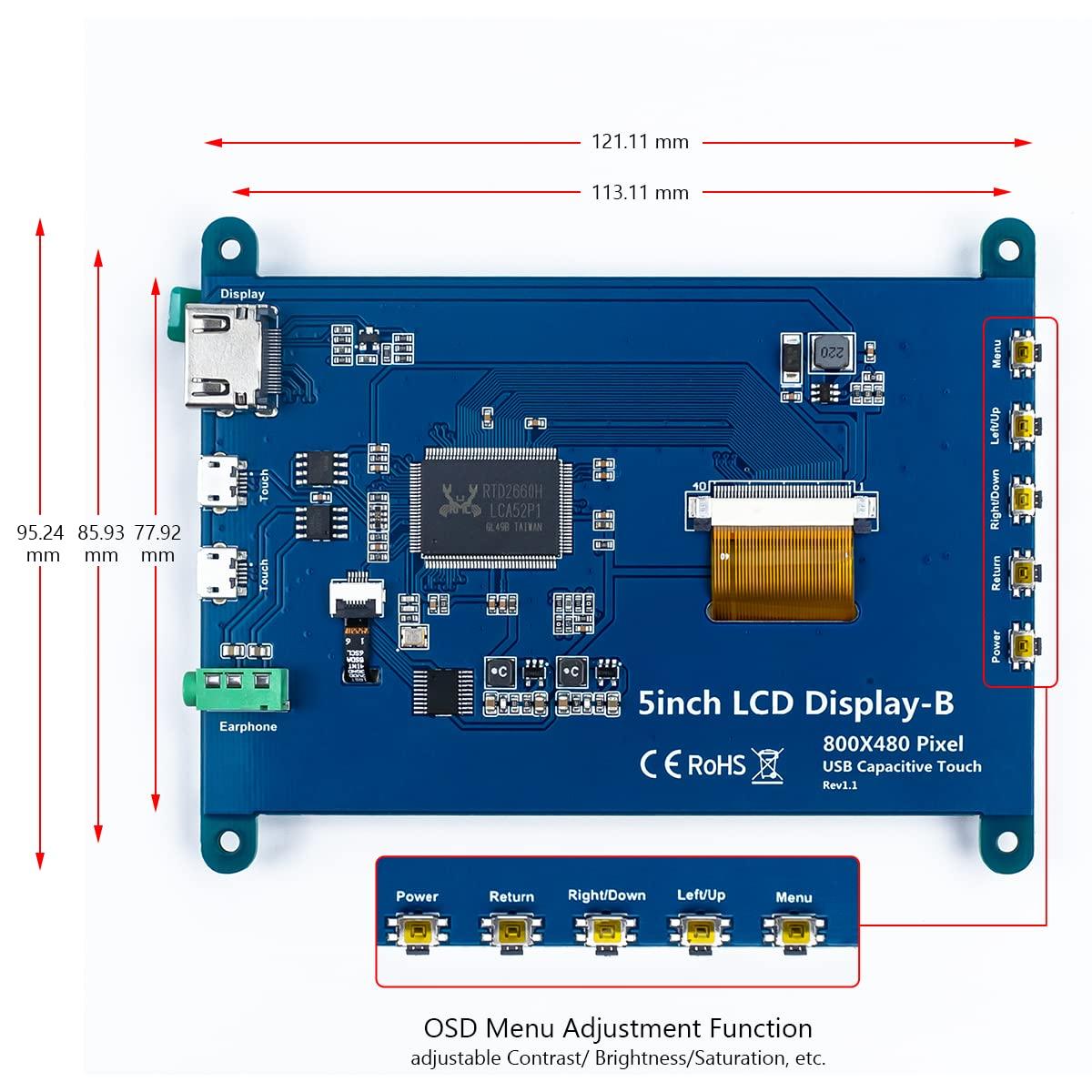 Hosyond Hosyond 5 Inch IPS LCD Touch Screen Display Panel 800480 Capacitive Screen HDMI Monitor for Raspberry Pi 5/4/3, BB Black, Windows 10 8 7
