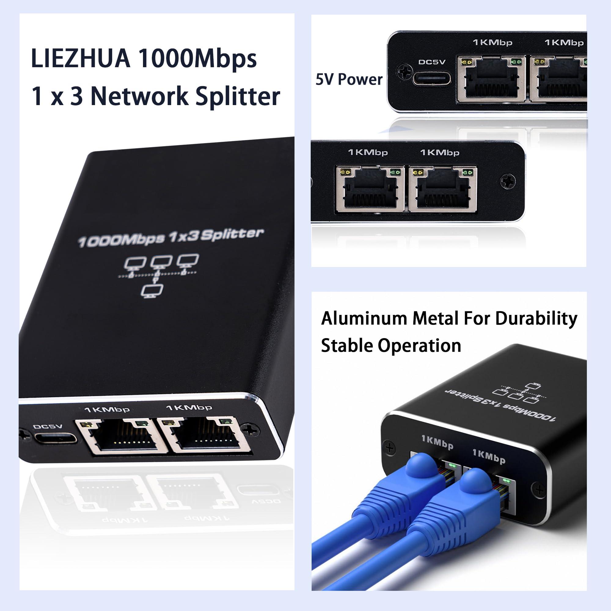 LIEZHUA Ethernet Splitter 1 to 3, 1000Mbps High Speed Ethernet Cable Splitter with LAN Cable Cat 6 [3 Devices Simultaneous Networking], Gigabit RJ45 LAN Network Extension for Cat8/7/6/5e/5 Cable