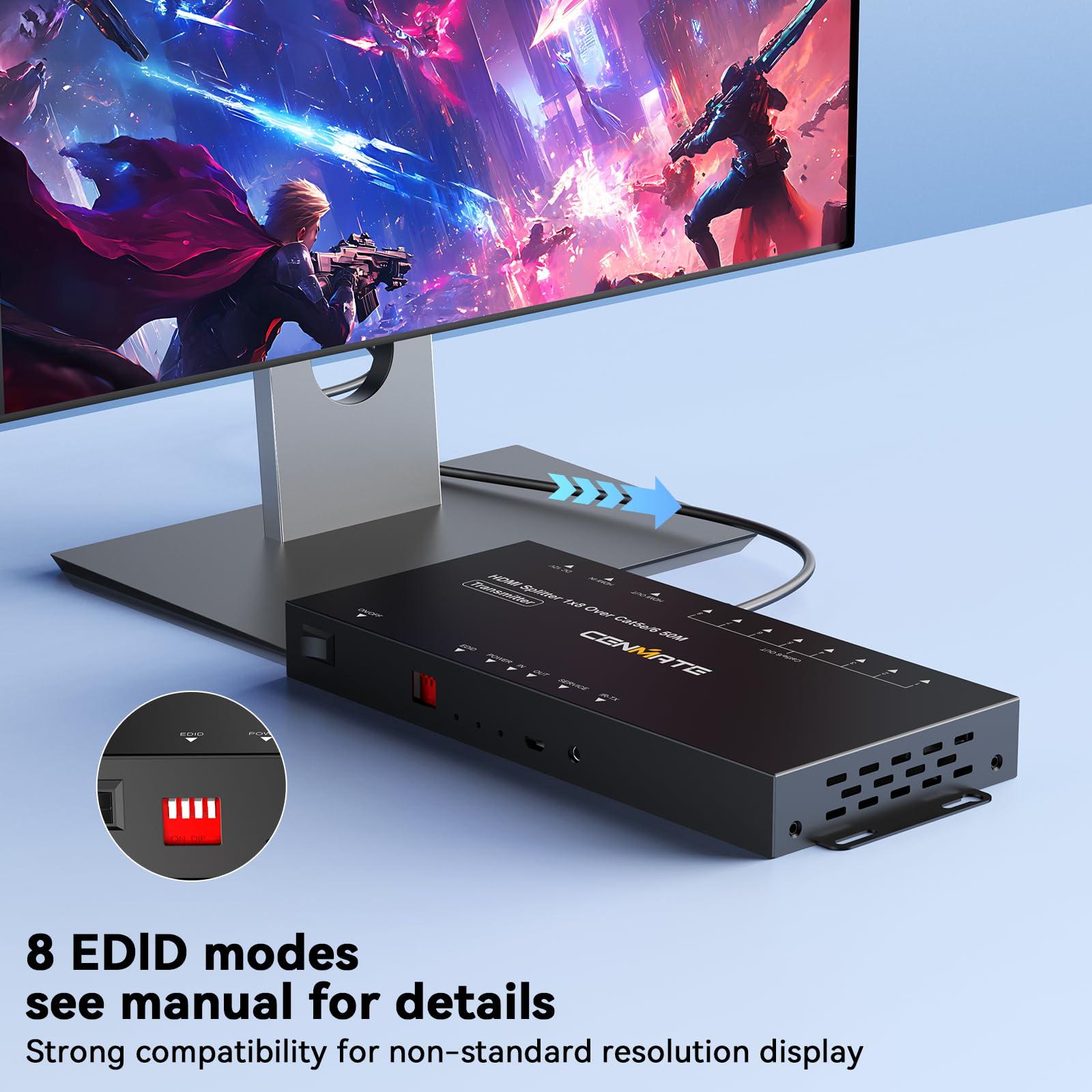 cenmate CENMATE 1x8 HDMI Extender Splitter, 1080P@60Hz HDMI Over Ethernet, Up to 165 FT Transmission Over CAT5e/6/7, 8 Channel Transmission with 1 HDMI Loop Out, Supports IR Control, 3D, HDCP, EDID, POC