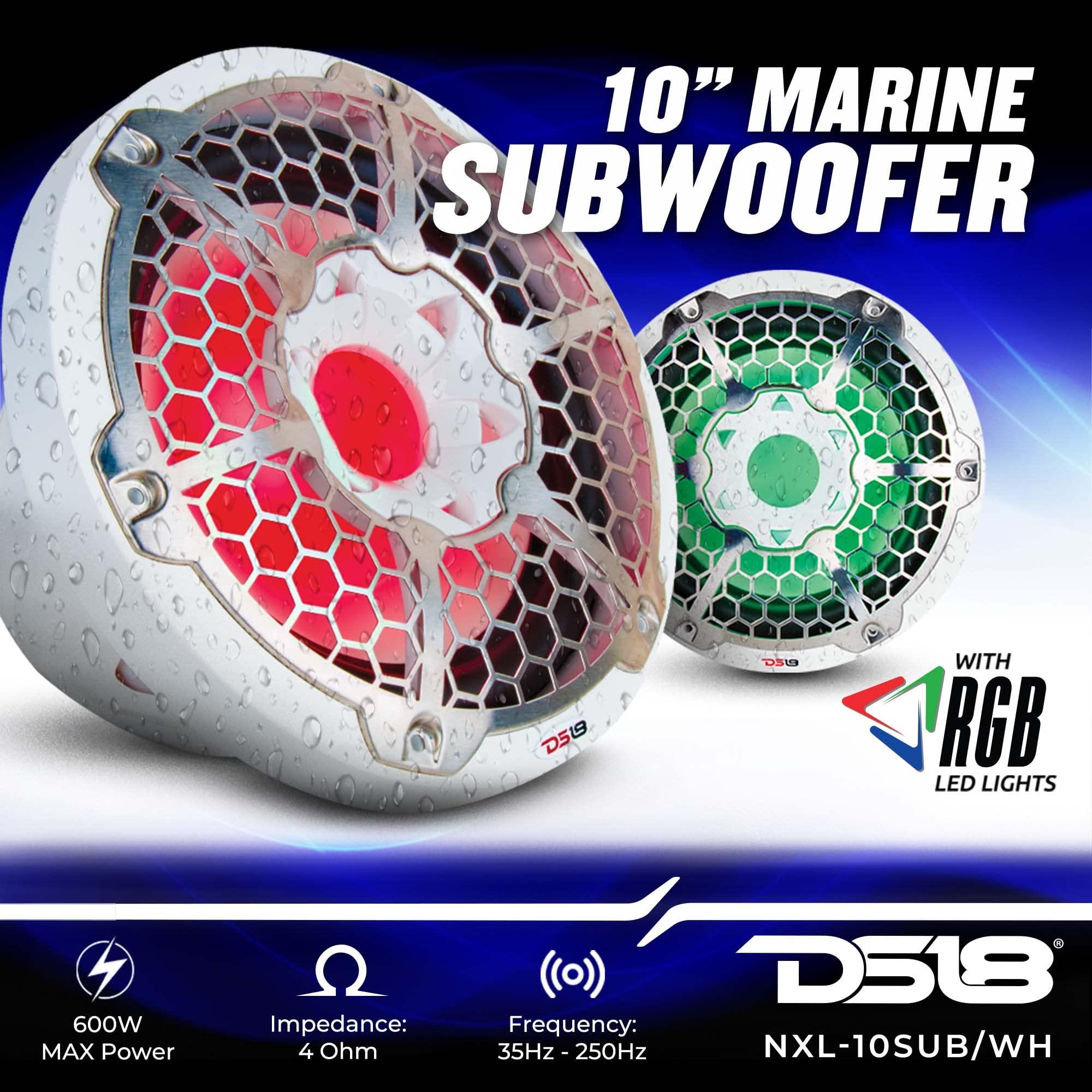 DS18 DS18 NXL-10SUB/BK Hydro 10\" Marine Subwoofer with Integrated RGB LED Lights 600W Max, 100% UV Stable, IP65 Waterproof, 4 Ohms - for All Elements, Boat, UTV, ATV & Jeeps (1 Speaker)