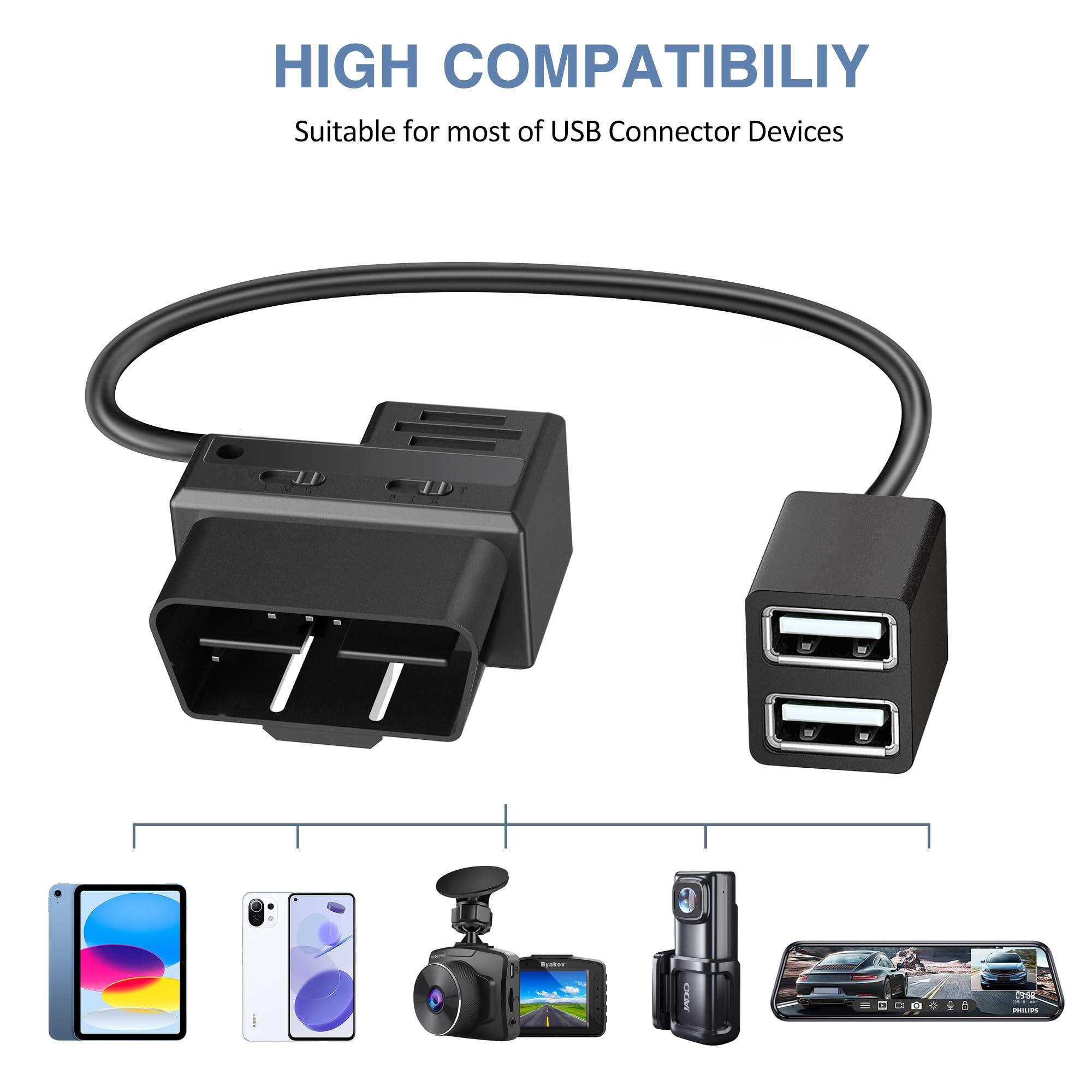 Plozoe OBD Constant Power Cable for Dash Camera,Compatible with Garmin Dash Cam,OBDII Adapter Cable with dual USB Interfaces,24 Hours Surveillance/Acc Mode with Low Voltage Protection 11.6-36V to 5V 3A
