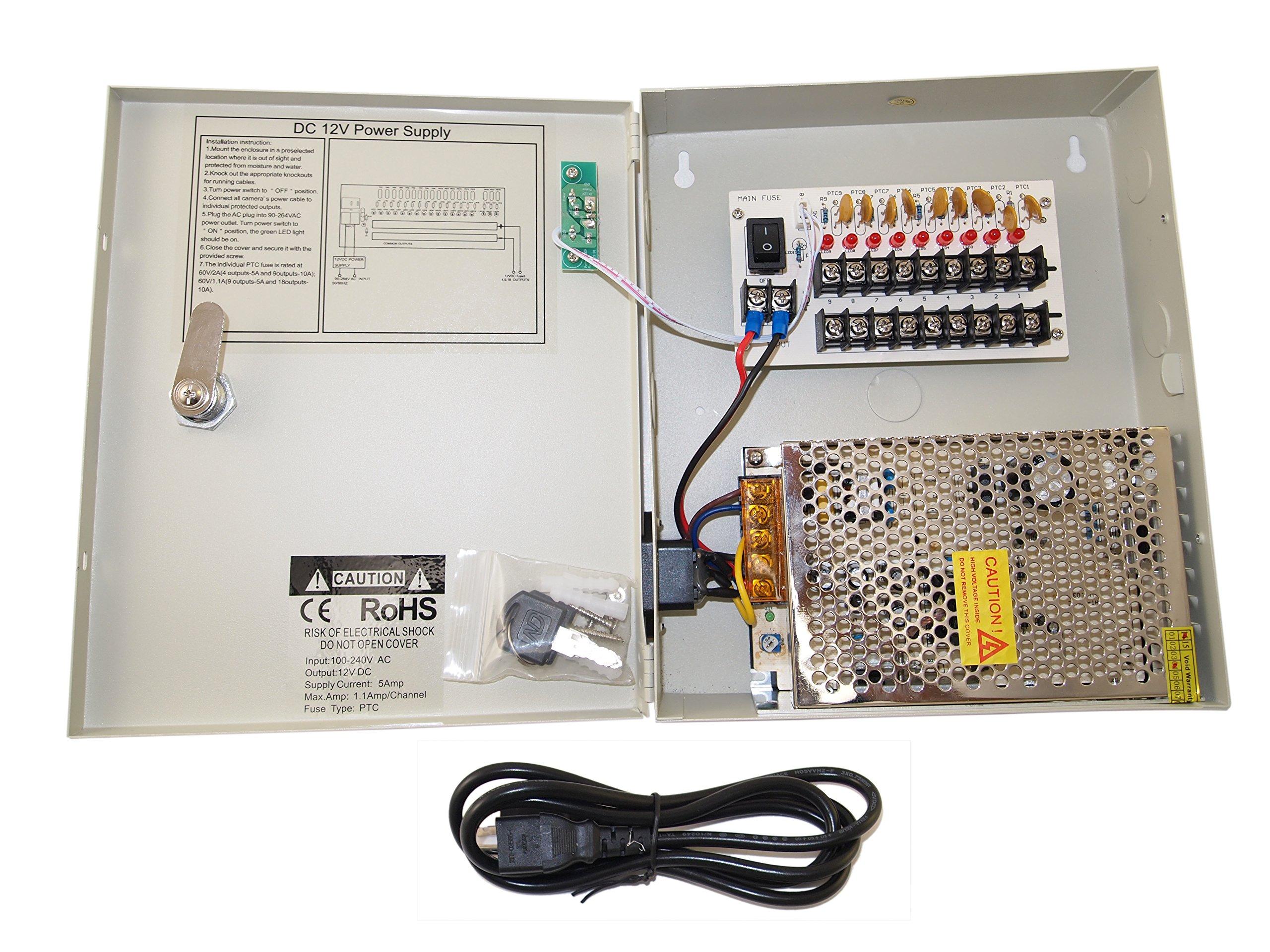 Evertech Evertech 9 Channel Power Distribution Box for Security Camera with Key Lock 12V DC 5A Ampere Auto Reset w/CCTV Sign