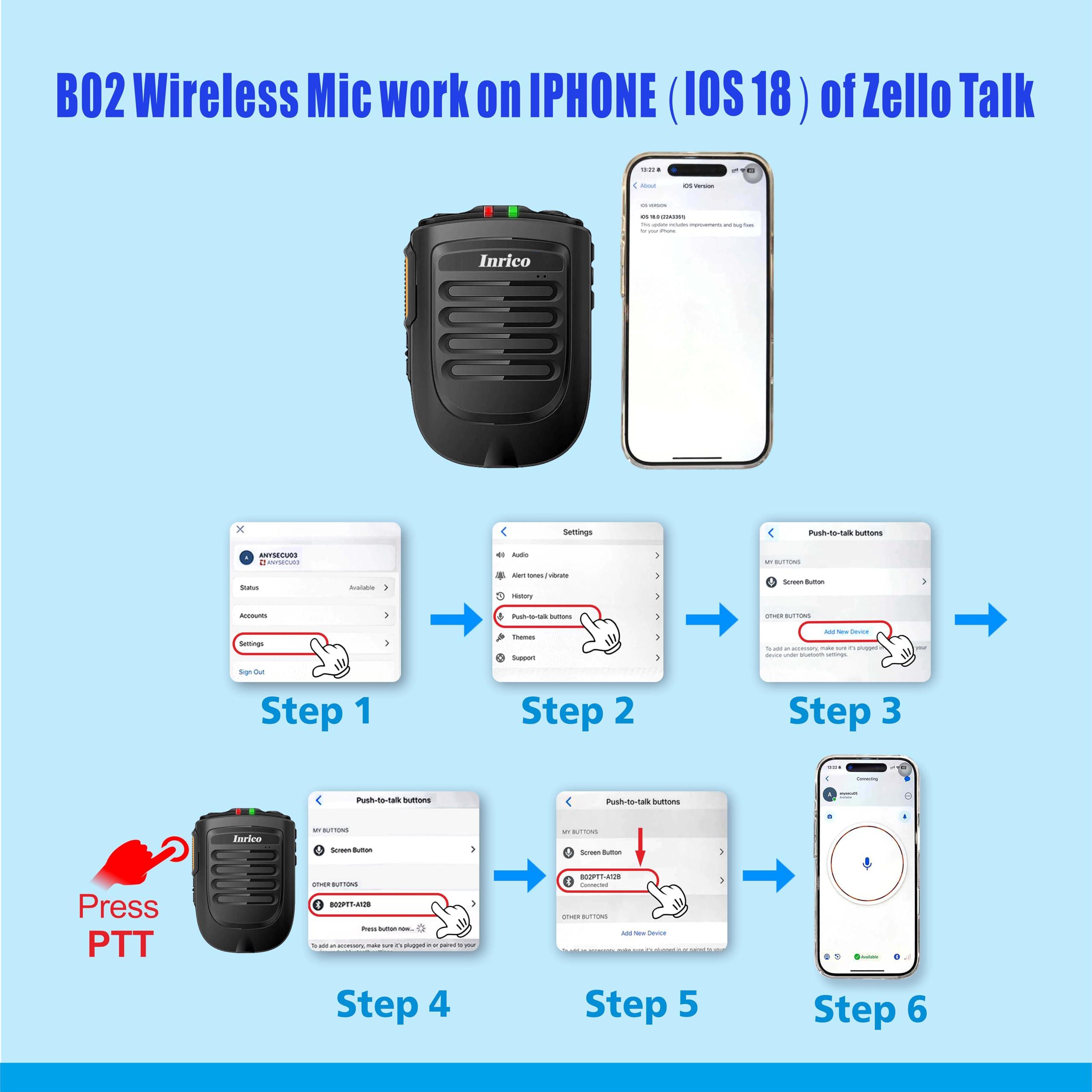 Inrico ANYSECU Inrico Wireless PTT Microphone B01 iOS Version Wireless PTT Button Zello mic Zello ptt Button Speaker for iOS and Android Phone