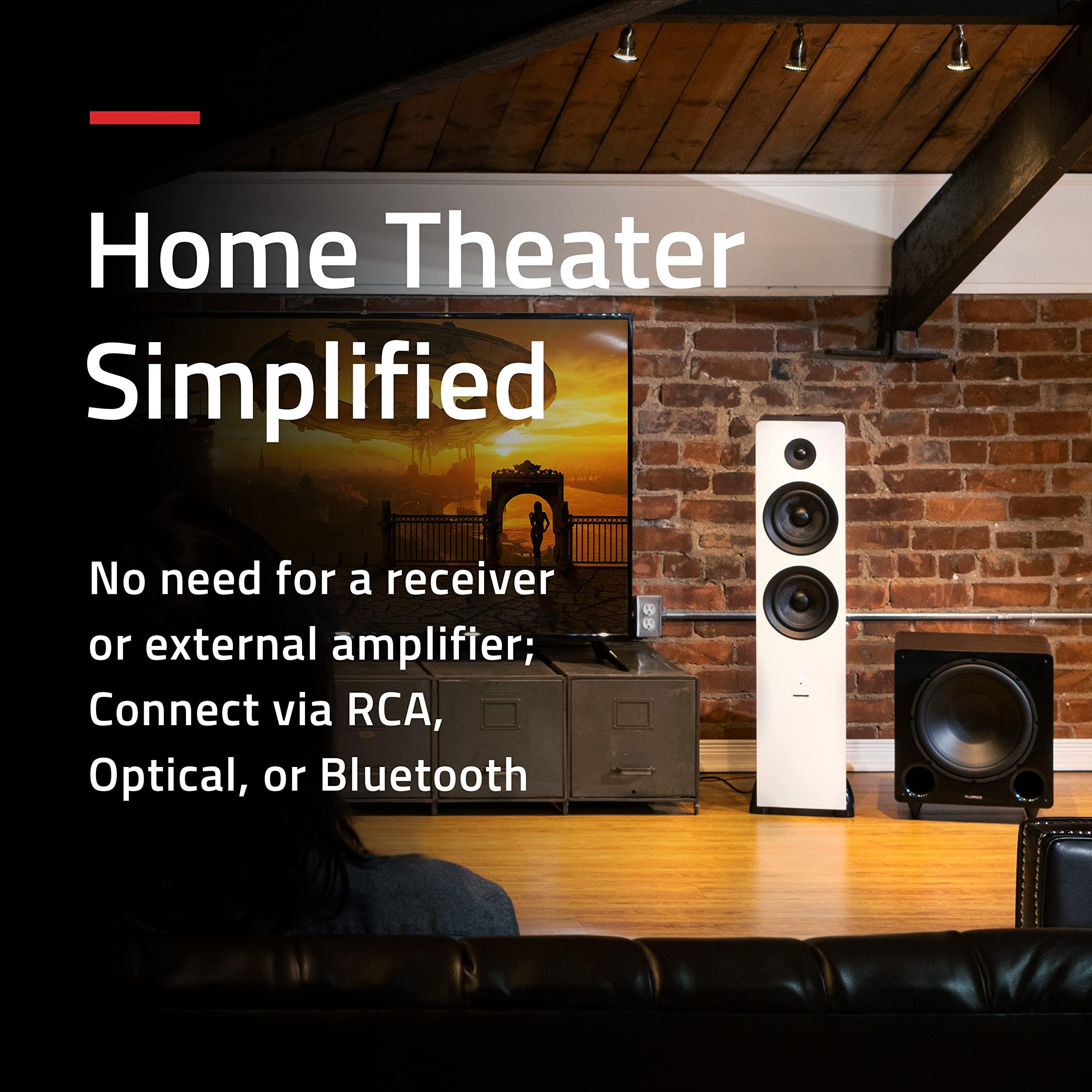 Fluance Fluance Ai81 Elite Powered 2-Way Floorstanding Tower Speakers, 150W Built-in Amplifier for 2.0 Stereo Music & Movie Listening, TV, Turntable, PC & Bluetooth - 2x RCA, Optical, Sub Out (Natural Walnut)