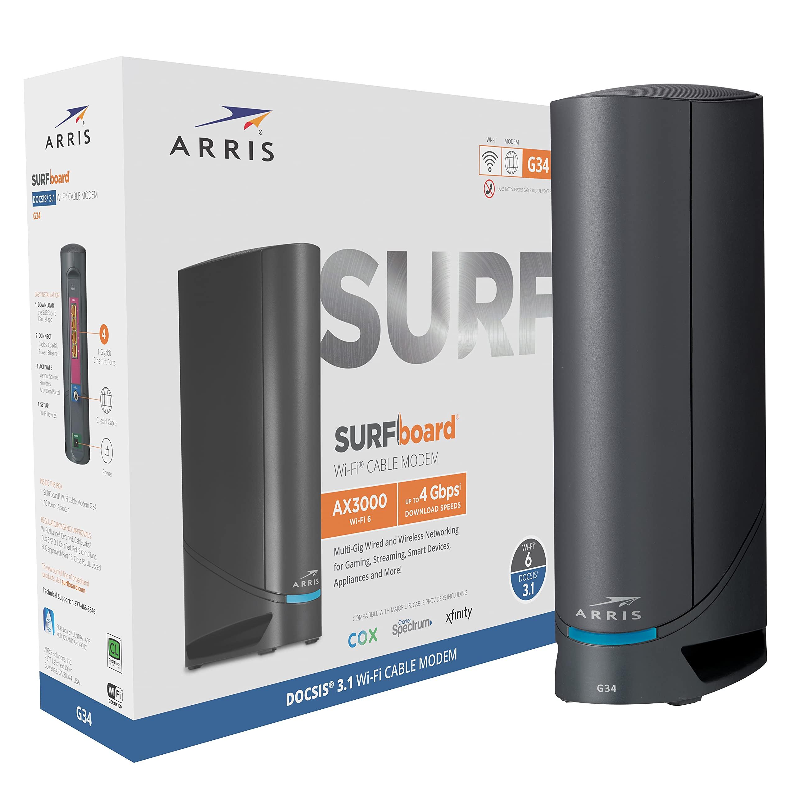 ARRIS ARRIS Surfboard G34 DOCSIS 3.1 Gigabit Cable Modem & AX3000 Wi-Fi 6 Router, Approved for Cox, Spectrum, Xfinity & Others (Renewed) black