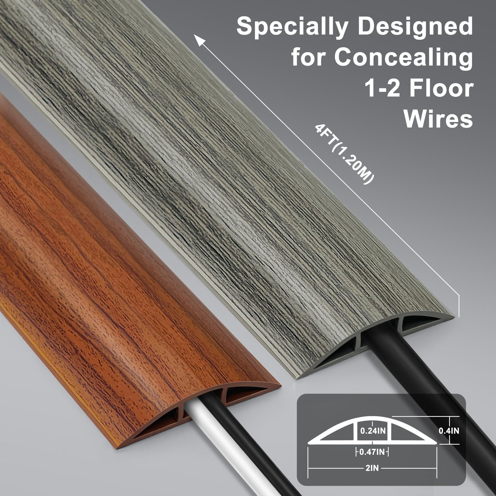 LZEOY Floor Cord Cover 4FT, Wood Brown Cord Hider Floor, Soft PVC Cord Protector Floor, Hide Extension Floor Wire Covers for Cords, Organizer Wires Floor Cable Cover, Cable Cavity: 0.47" (W) x 0.24" (H)