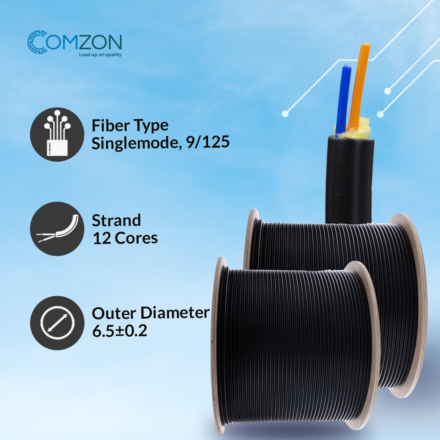 COMZON 12-Strand Fiber Indoor/Outdoor Singlemode Fiber Optic Cable, OS2 9/125, Black PVC, Riser Rated, Spool, Water-Blocking Aramid Yarn, UL Listed for High-Speed Internet and Network Installations, 1000ft