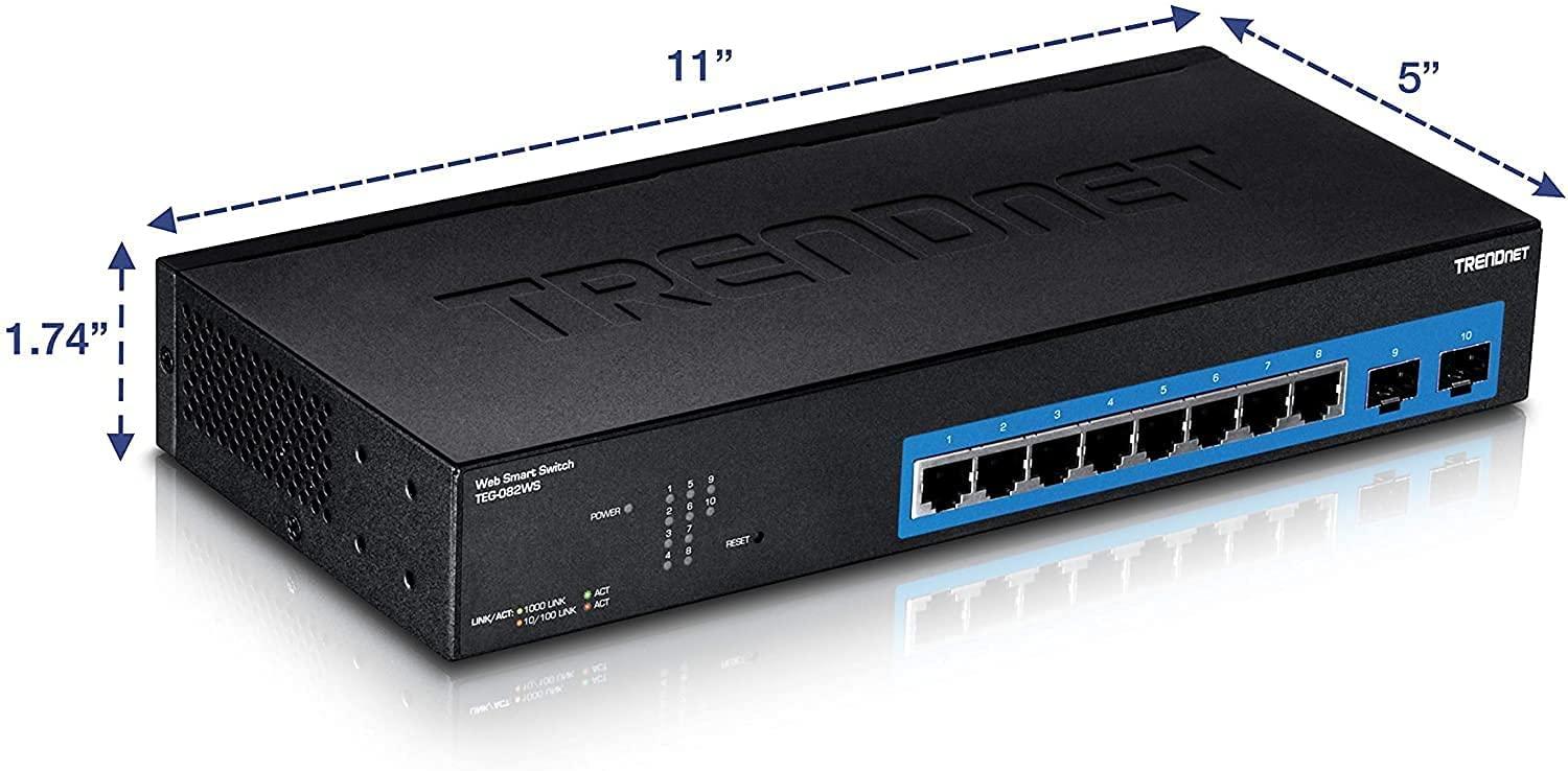 TRENDnet TRENDnet 10-Port Gigabit Web Smart Switch, 20 Gbps Switching Capacity, 8 x RJ-45 Ports, 2 x SFP, Slots, VLAN, QoS, LACP, IPv6 Support, Fanless, Rack Mountable, Lifetime Protection, TEG-082WS Black