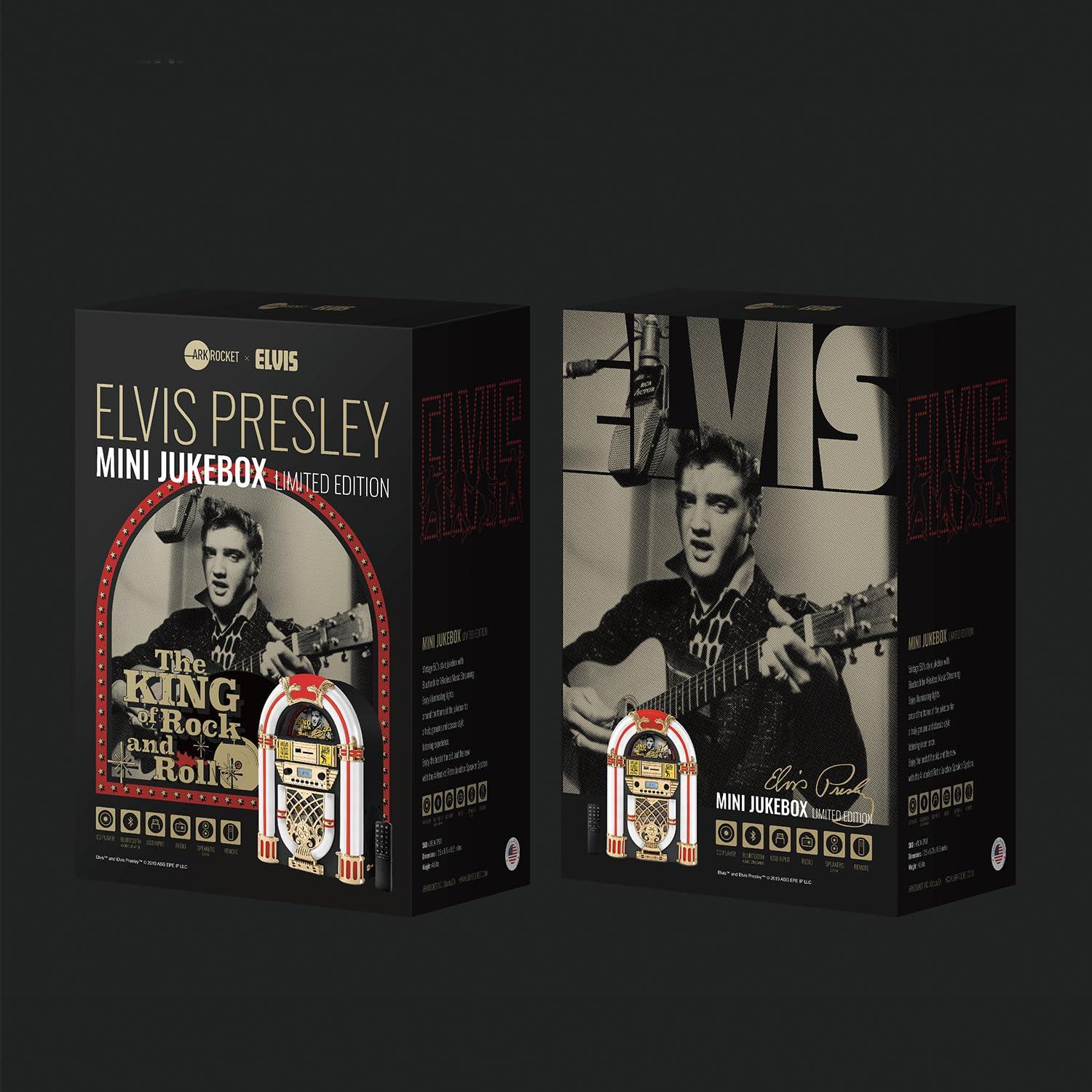 Elvis Presley Arkrocket x Elvis Presley Mini Jukebox/Tabletop CD Player/Bluetooth Speaker/Radio/USB and SD Card Player with Retro LED Lighting System (Limitied Edition), Black Gloden