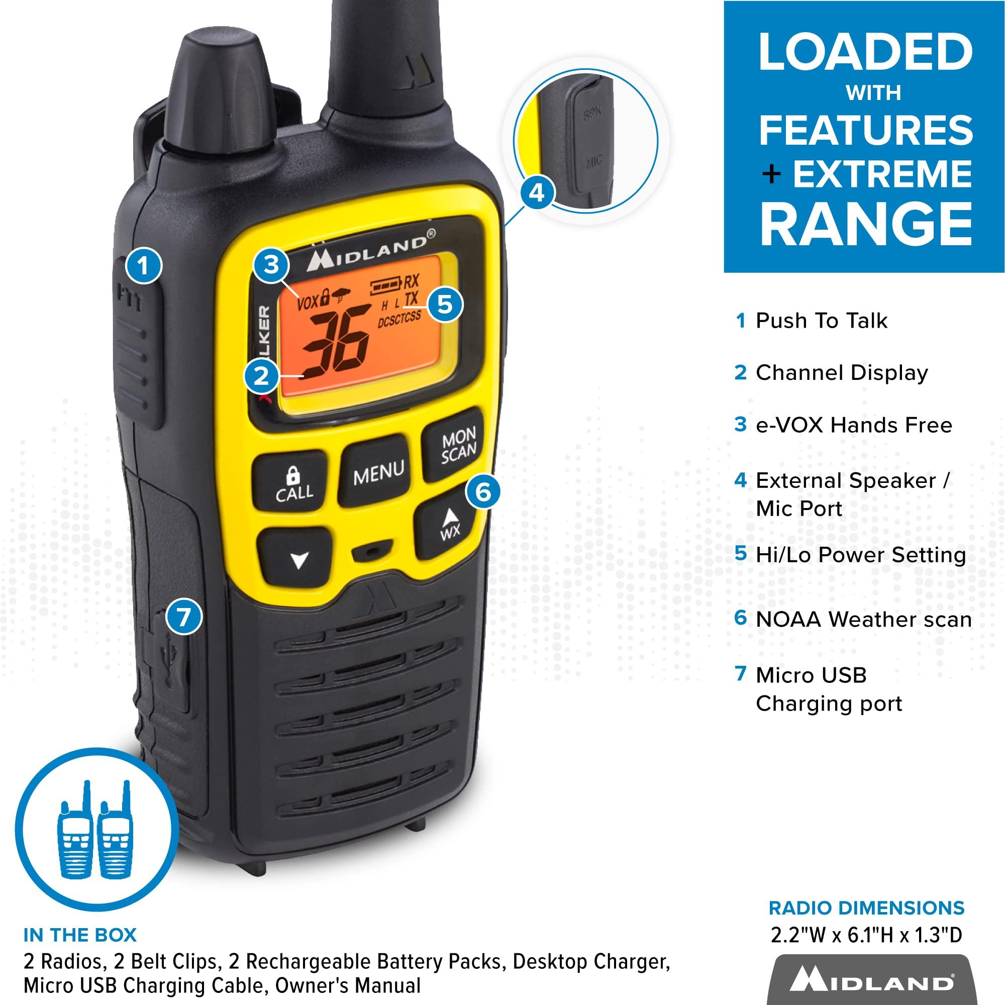 Midland Midland - T61VP3 X-TALKER - Two-Way Radio - 36 Channel FRS- Long Range Walkie Talkie, 121 Privacy Codes, & NOAA Weather Scan & Alert Black/Yellow, 2-Pack