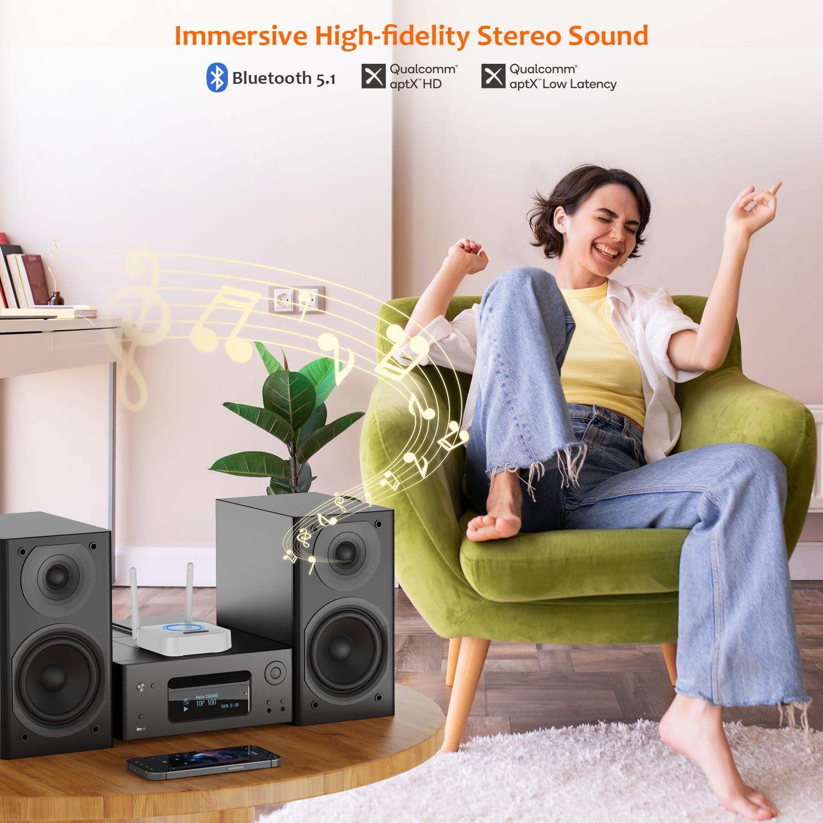 1Mii [Upgraded] 1Mii Bluetooth 5.1 Receiver, Long Range HiFi Bluetooth Audio Adapter w/ 3D Surround aptX HD Low Latency, Optical RCA AUX 3.5mm Coaxial for Home Stereo System - B06Pro Grey