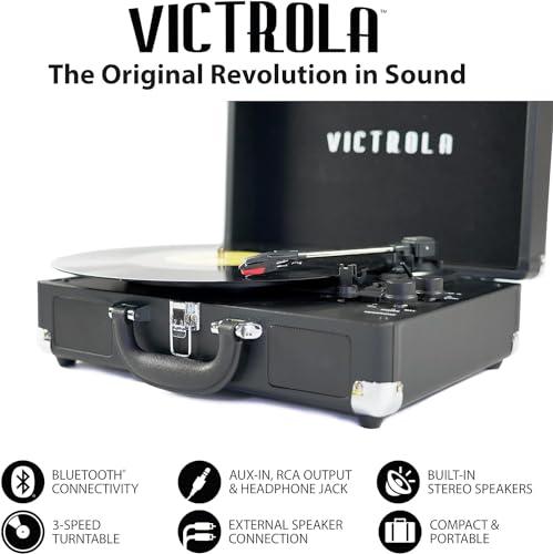 Victrola Victrola Vintage 3-Speed Bluetooth Portable Suitcase Record Player with Built-in Speakers | Upgraded Turntable Audio Sound| Includes Extra Stylus | Light Gray