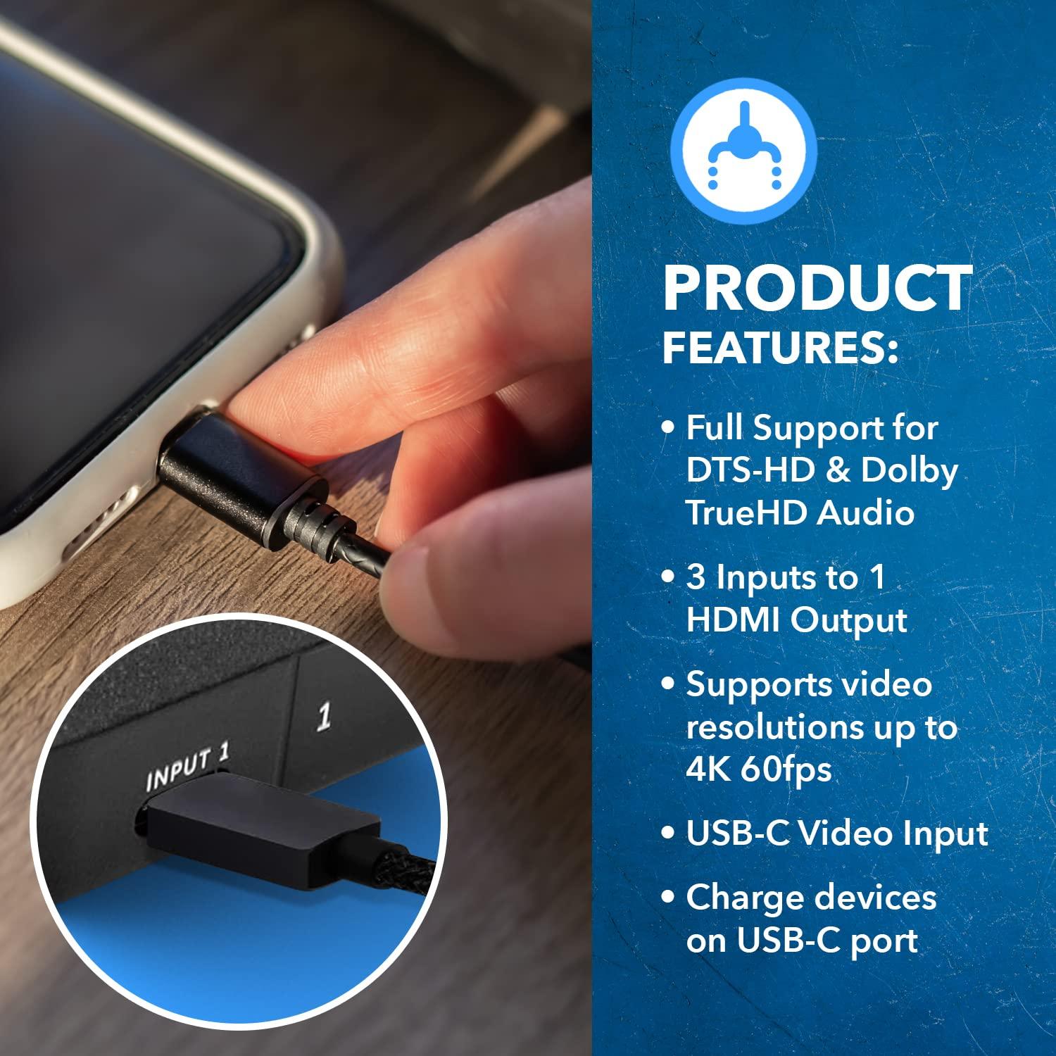 OREI OREI HDMI Switch 3 in 1 Out, Resolutions up to 4K@60Hz, 2 HDMI inputs & 1 USB-C 3. 1 Gen with DP Alt Mode Input to Connect Mobile Phones, Tablets, Laptop Notebooks, iPads, Mac and More (UHD-301C)