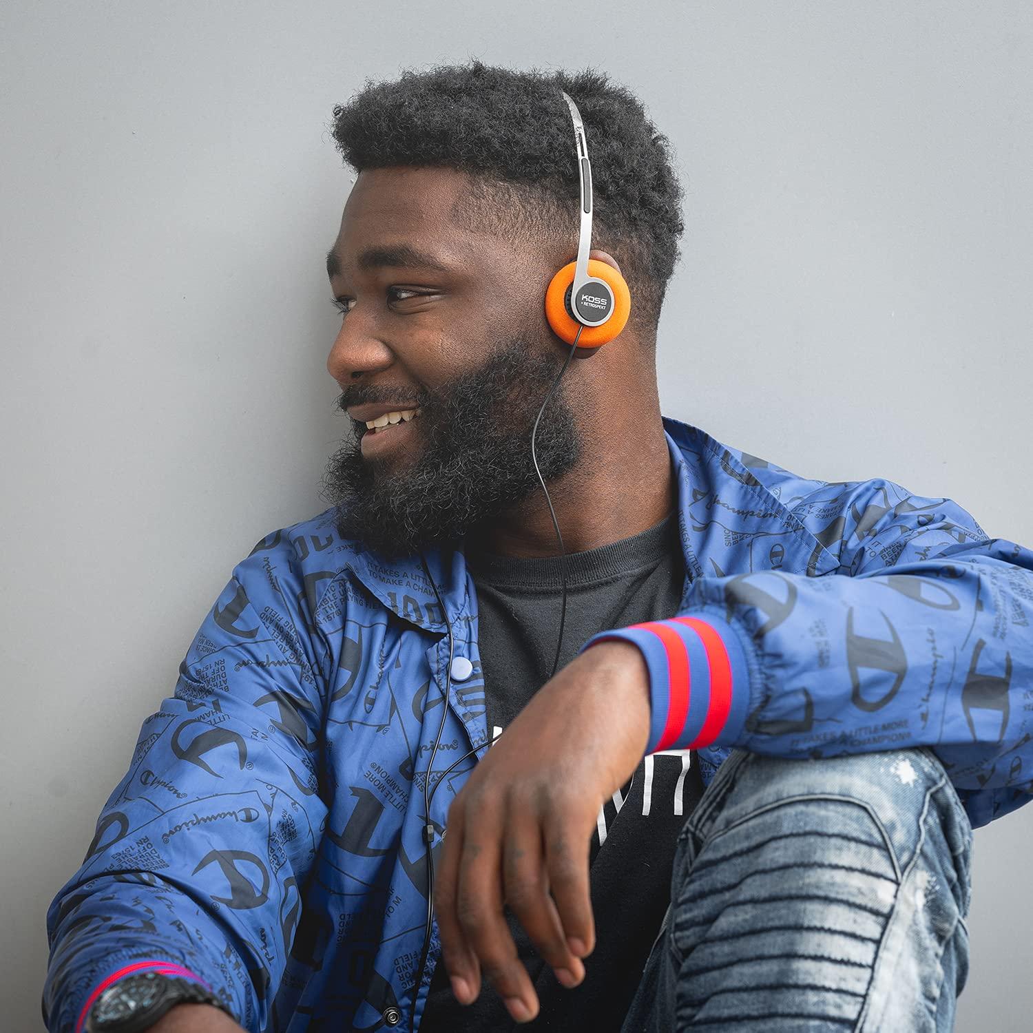 Koss Koss x Retrospekt P/21 Retro On-Ear Headphones, Retro Orange Foam, Adjustable Headband, Wired 3.5mm Plug, Orange Black and Silver