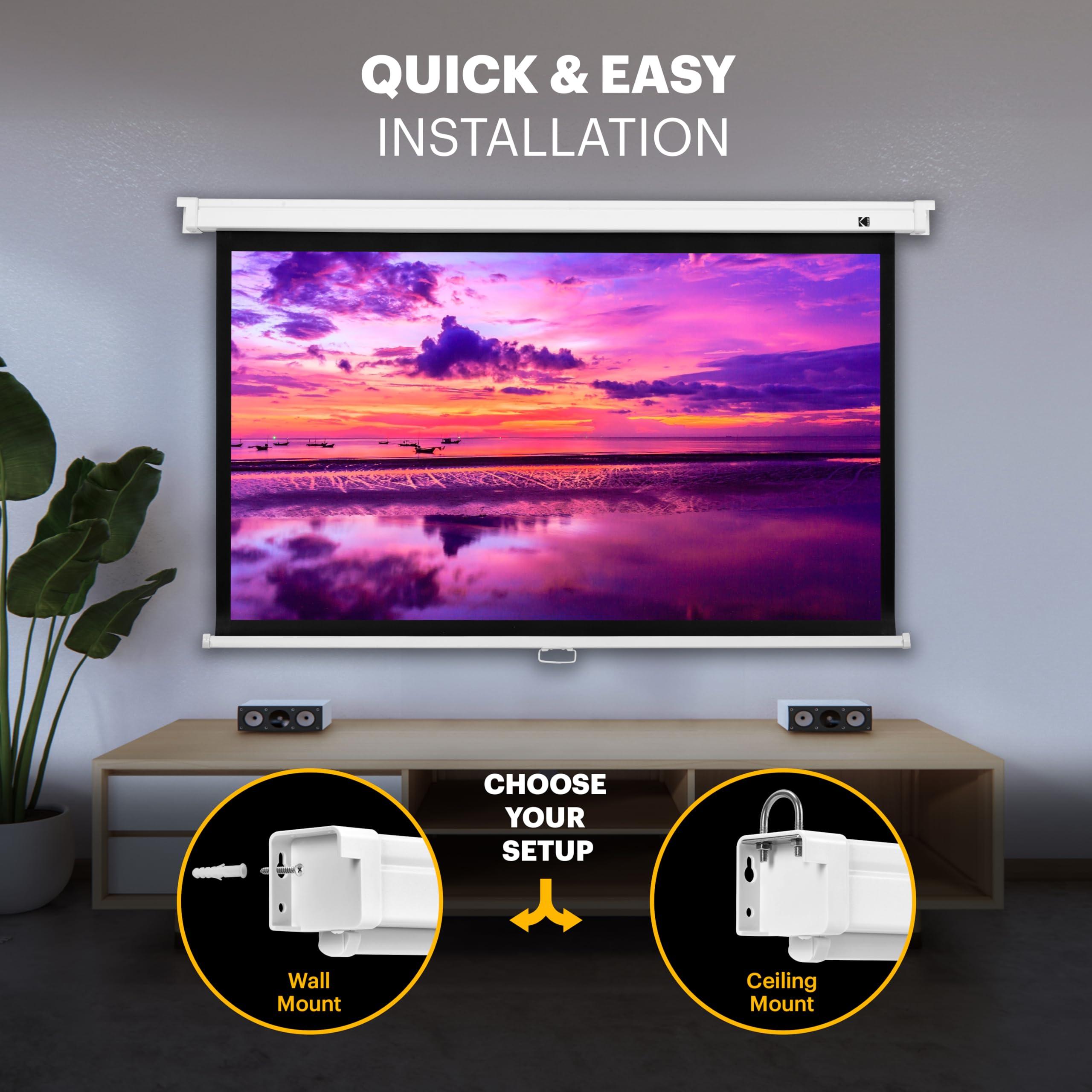 KODAK KODAK Manual Pull-Down White Projector Screen 80" Inch | Large 16:9 Office, Home Movie Theater Screen with Wall & Ceiling Mount Options, Easy-Clean Matte Fabric & Retractable Hanging Design | Indoor.