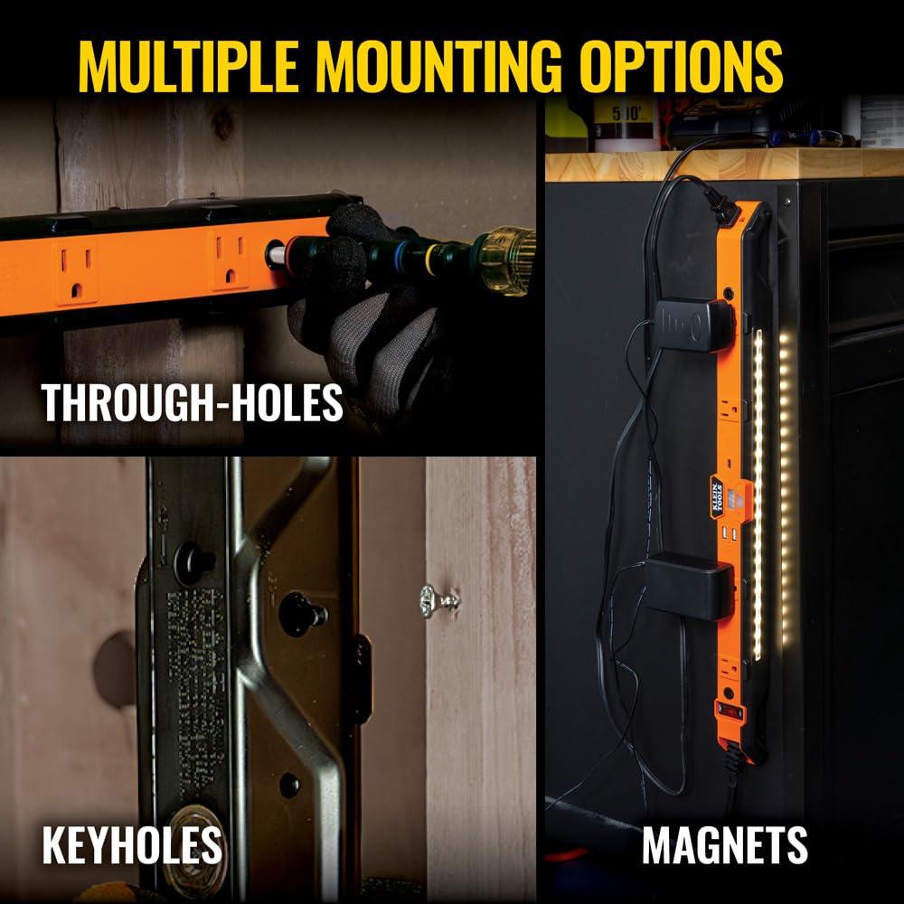 KLEIN TOOLS Klein Tools 29602 Magnetic Power Strip, Surge Protector with Motion Sensor LED Light, 5 Outlets, USB-C and 2 USB-A Ports, 5-Foot Cord, Heavy Duty for Workshop