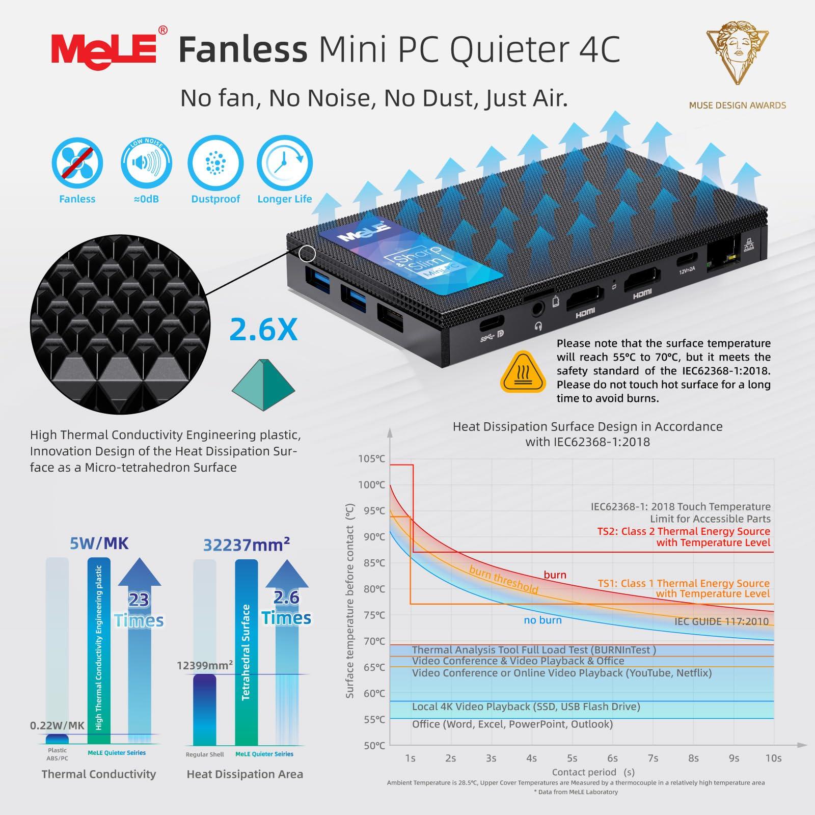MeLE MeLE Mini PC Quieter 4C - 12th Gen N100, Fanless PC, 8GB Memory, 128GB Storage, 2.4/5G Wi-Fi, Full-Functional USB-C, 4K Triple Display Desktop PC on Home, Office, Education, Astrophotography