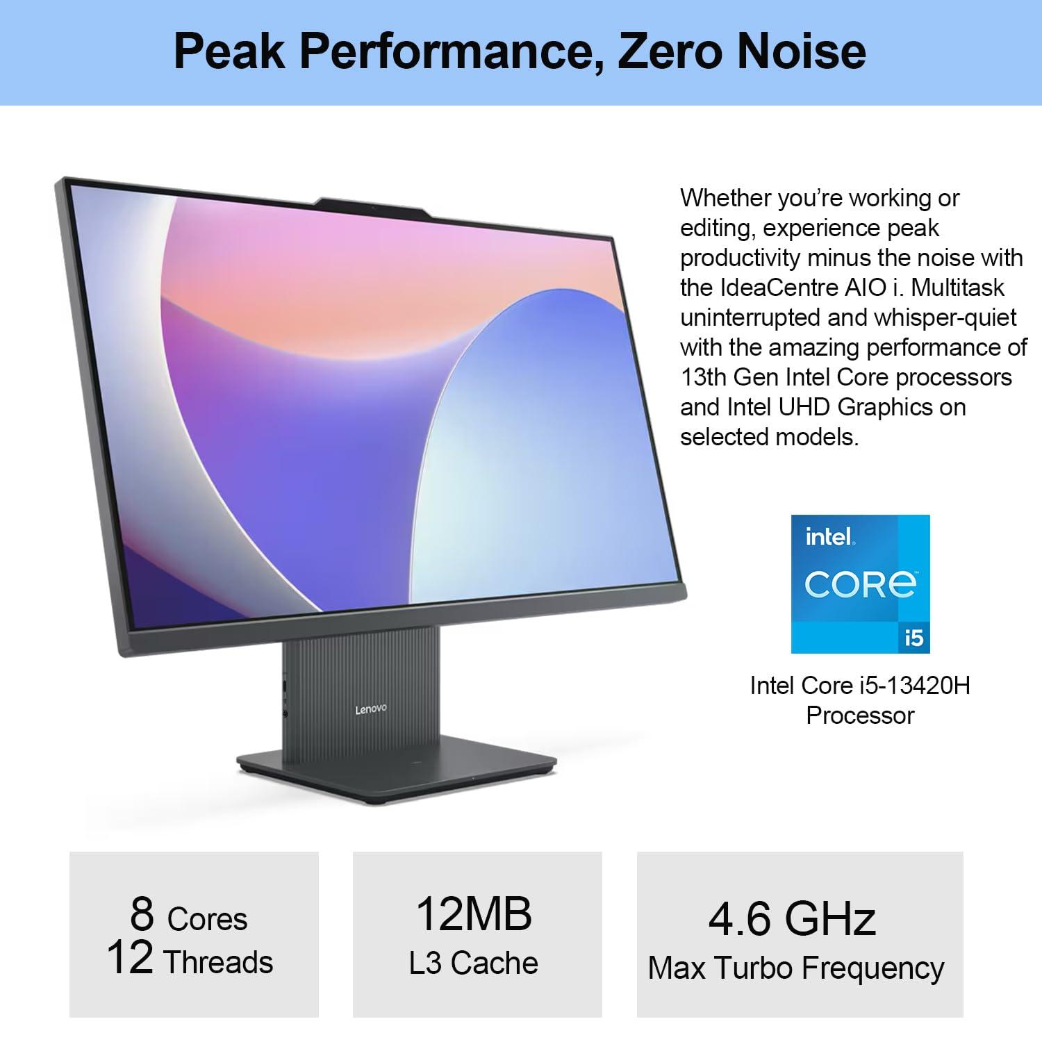 Lenovo Lenovo 2024 IdeaCentre I All-in-One, 27\" FHD Touchscreen 100Hz, Intel Core i5-13420H, 16GB DDR5 RAM, 512GB SSD, Wireless Charging Base, Wireless KB & Mouse, Wi-Fi 6, Windows 11 Home, Grey