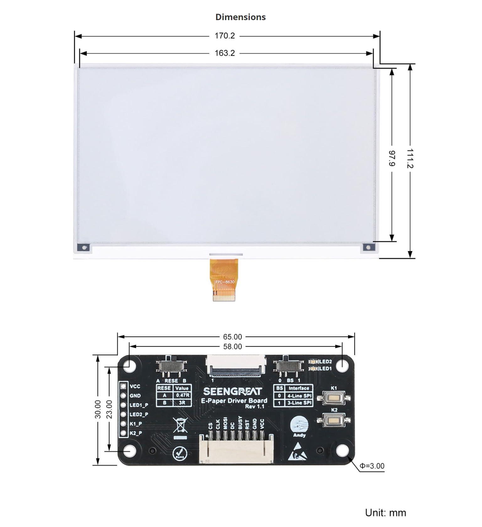 xicoolee 7.5inch E-Ink Display HAT for Raspberry Pi/Jetson Nano Also Fits Arduino/Nucleo 800x480 Pixel Black/White Two-Color SPI Interface E-Paper Screen Panel