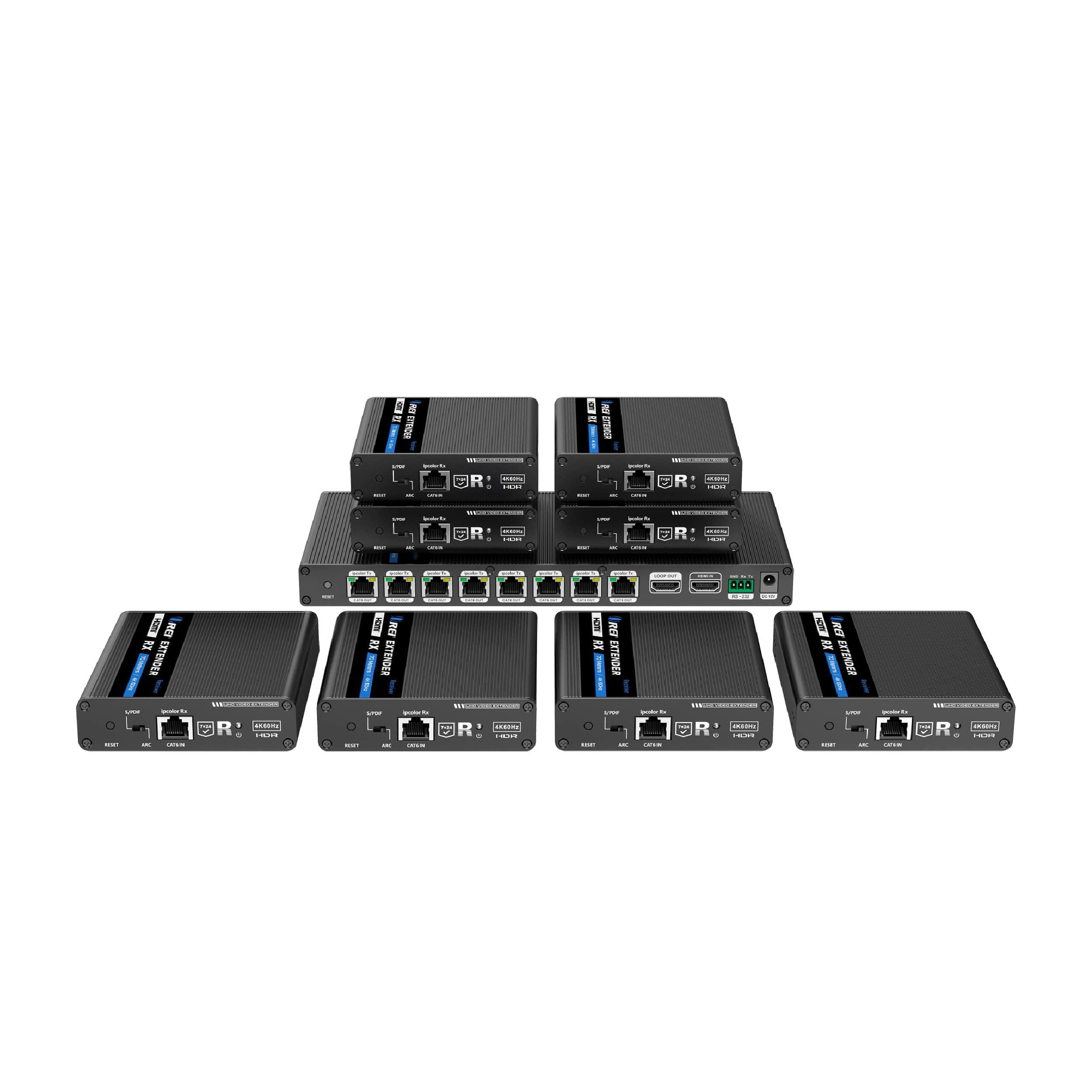 OREI OREI 1x8 HDMI Extender Splitter 4K Multiple Over Single Cable CAT6/7 4K@60Hz 4:4:4 HDCP 2.2 with IR Remote EDID Management - Up to 230 Ft - Loop Out - Low Latency - Full Support IR RS-232 Control